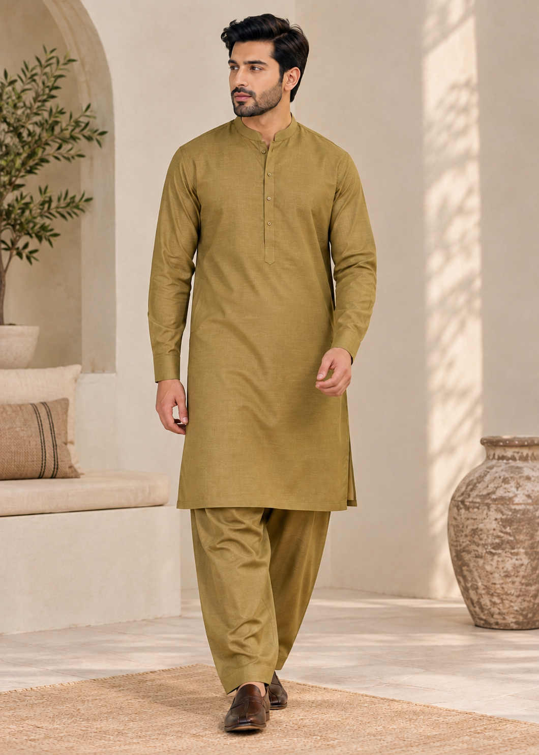 textured wash & wear Unstitched in Camel brown