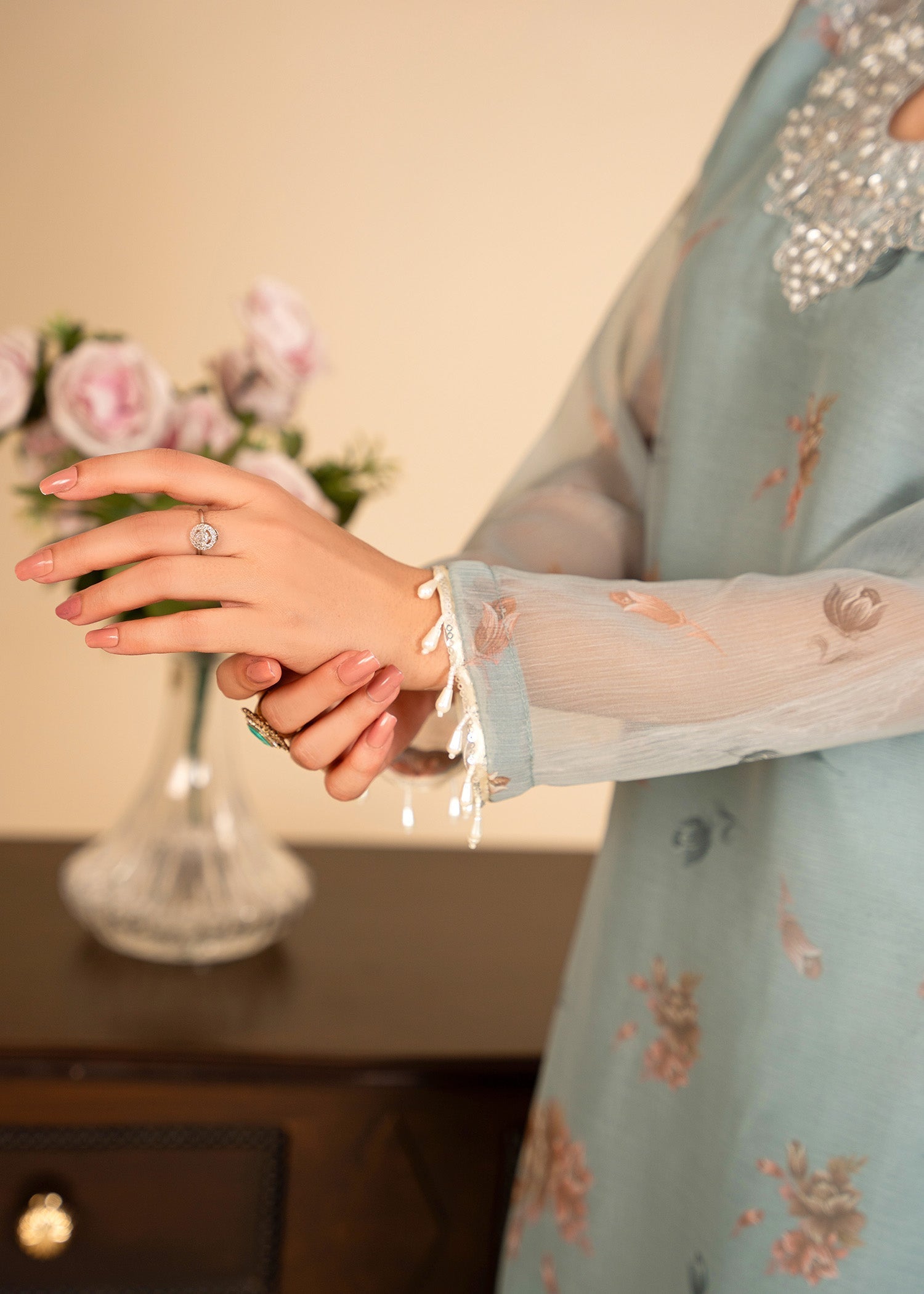 bemberg crinkle chiffon Gharara in Ice blue