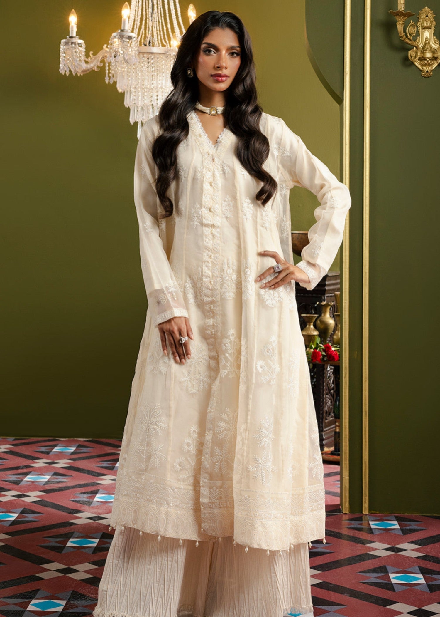 organza Pishwas in Off-white