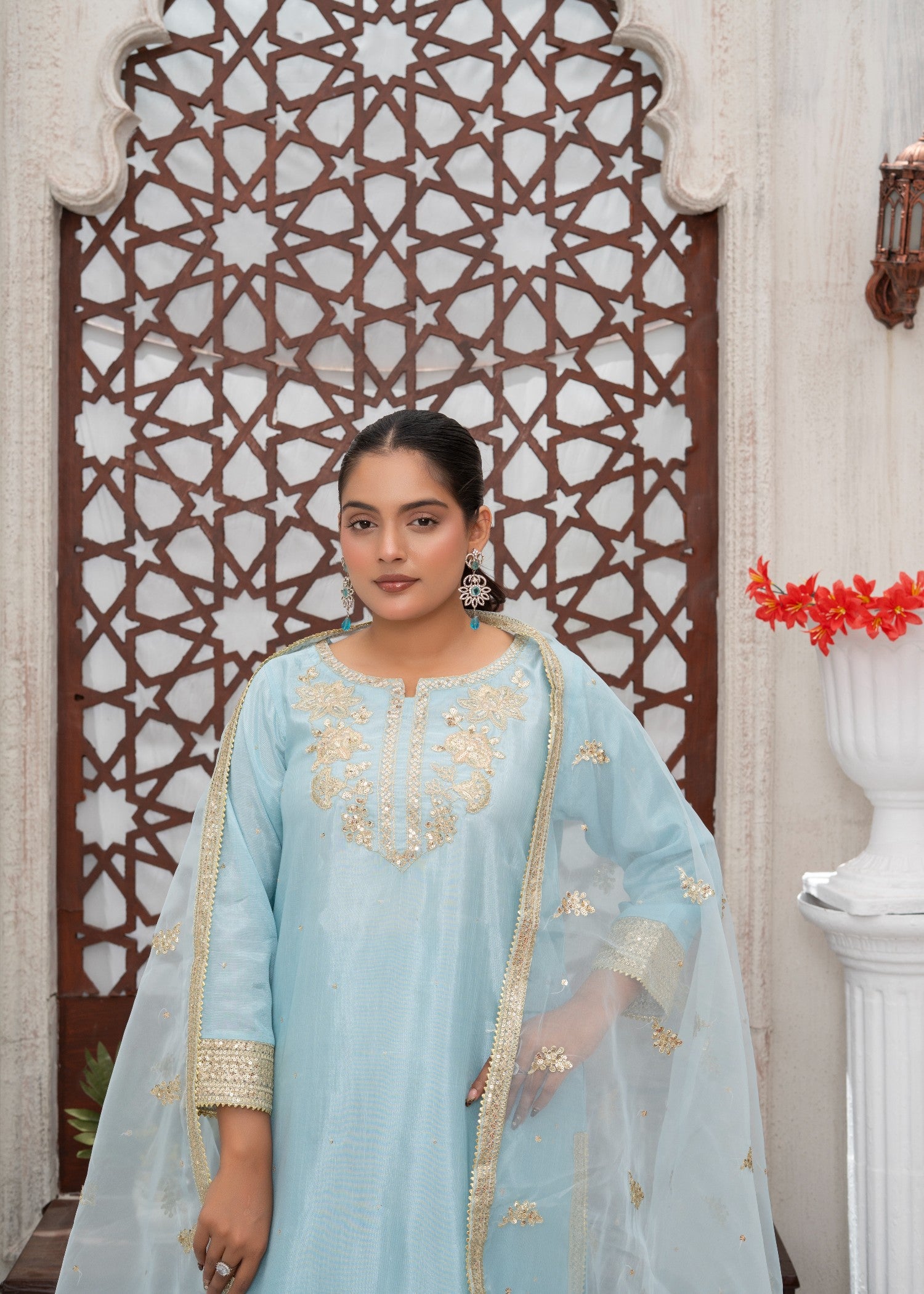 raw silk Kurta Set in Pacific blue