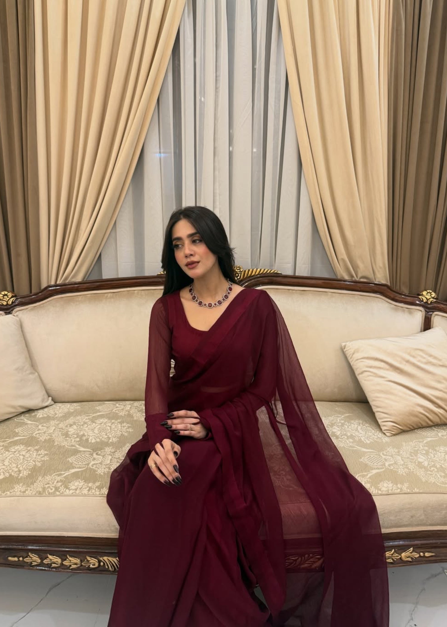chiffon Saree in Blood red, maroon