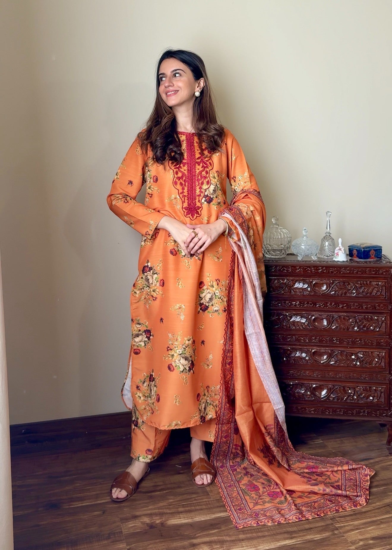 slub Kurta Set in Orange