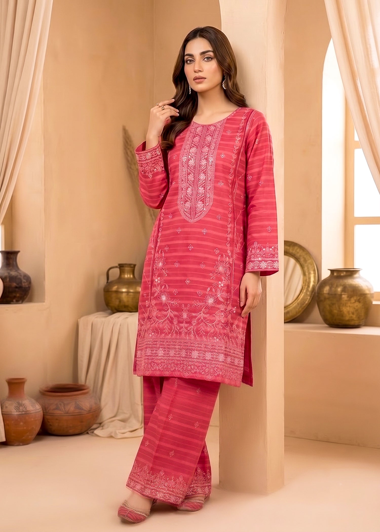 cotton jacquard Kurta Set in Hot pink