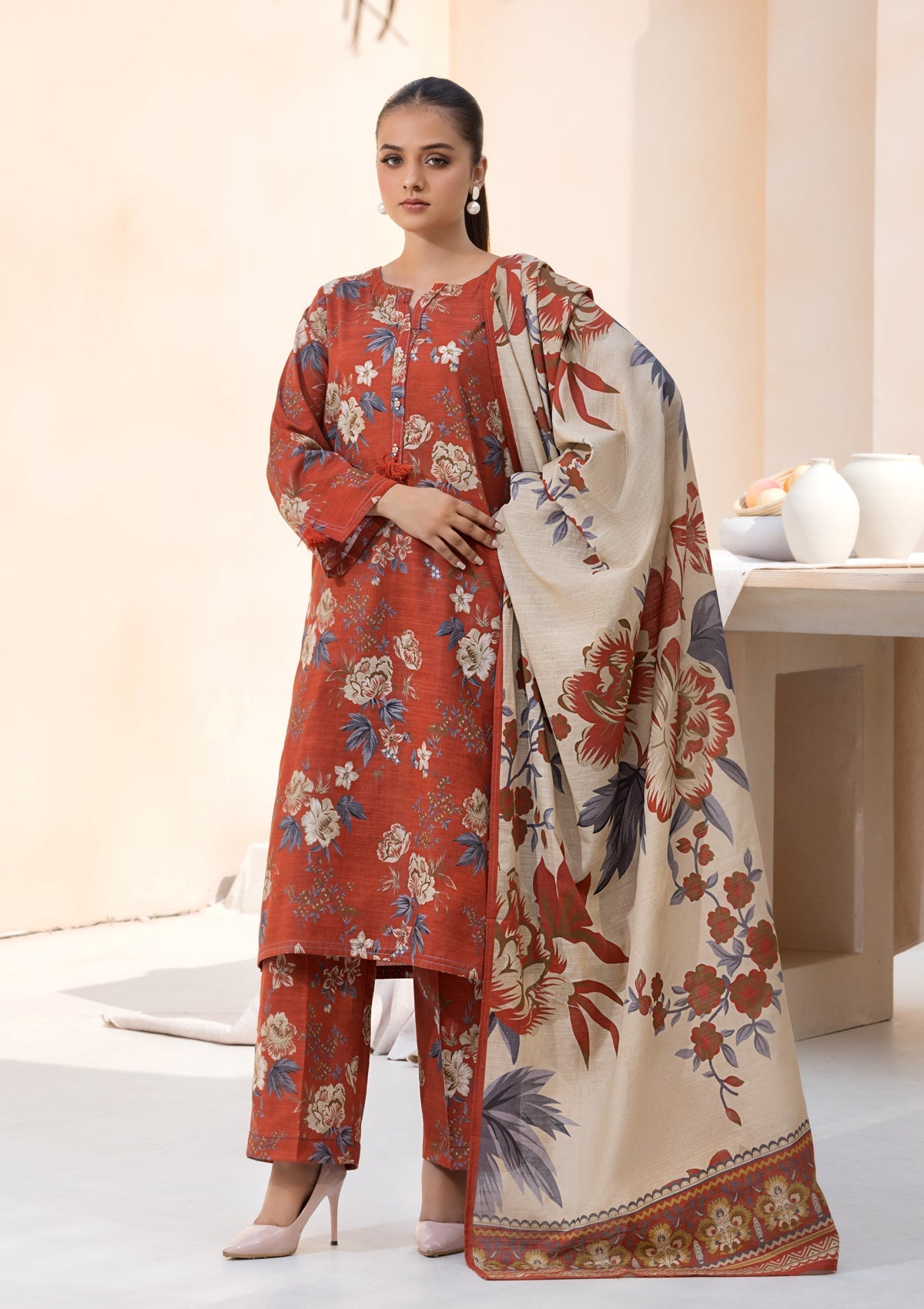 khaddar Kurta Set in Rust red