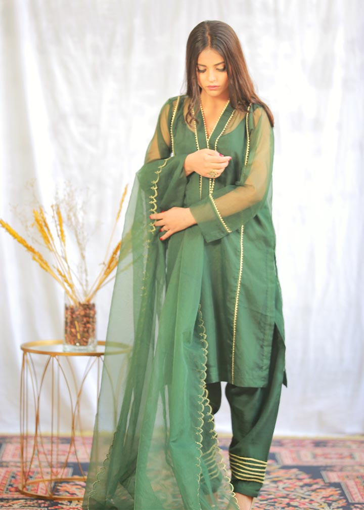 poly organza Kurta Set in Apple green