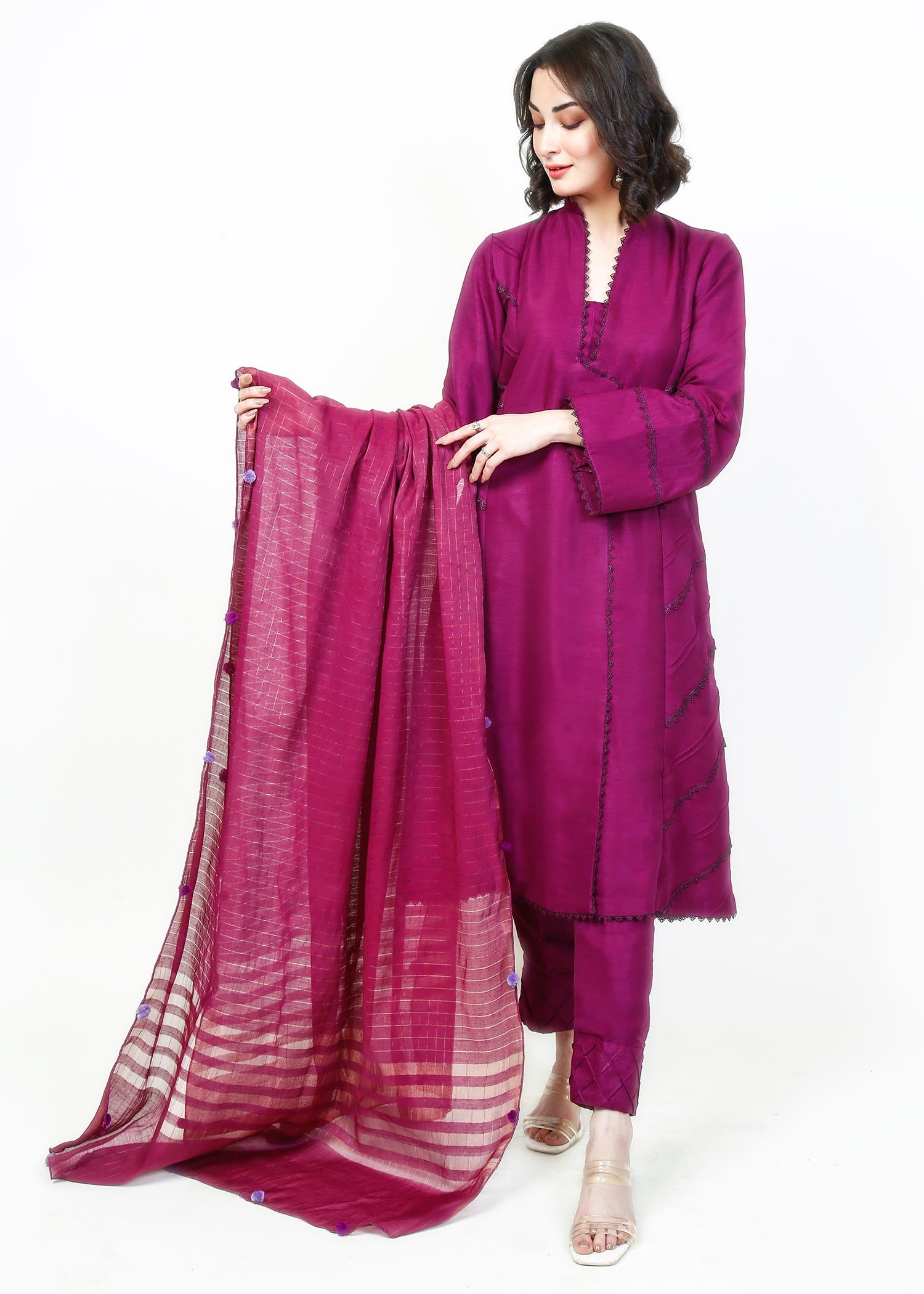 raw silk Short Frock in Magenta
