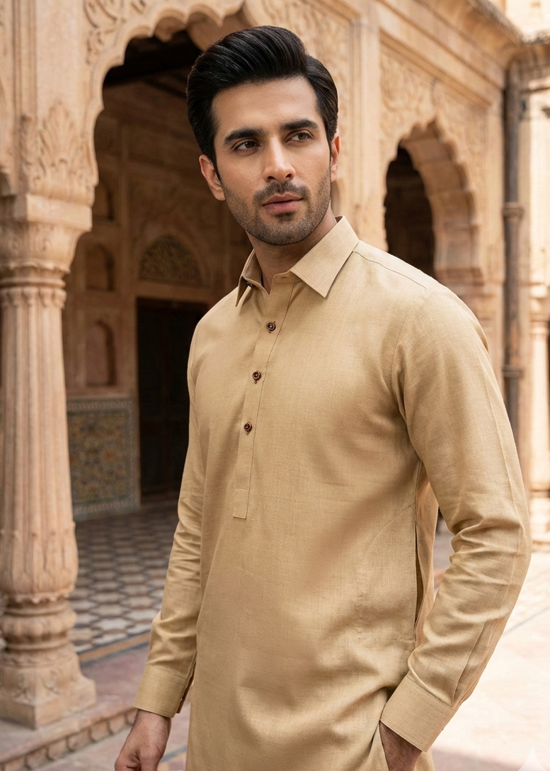 wash & wear Shalwar Kameez in Gold, khaki brown by Dulha Fashion House