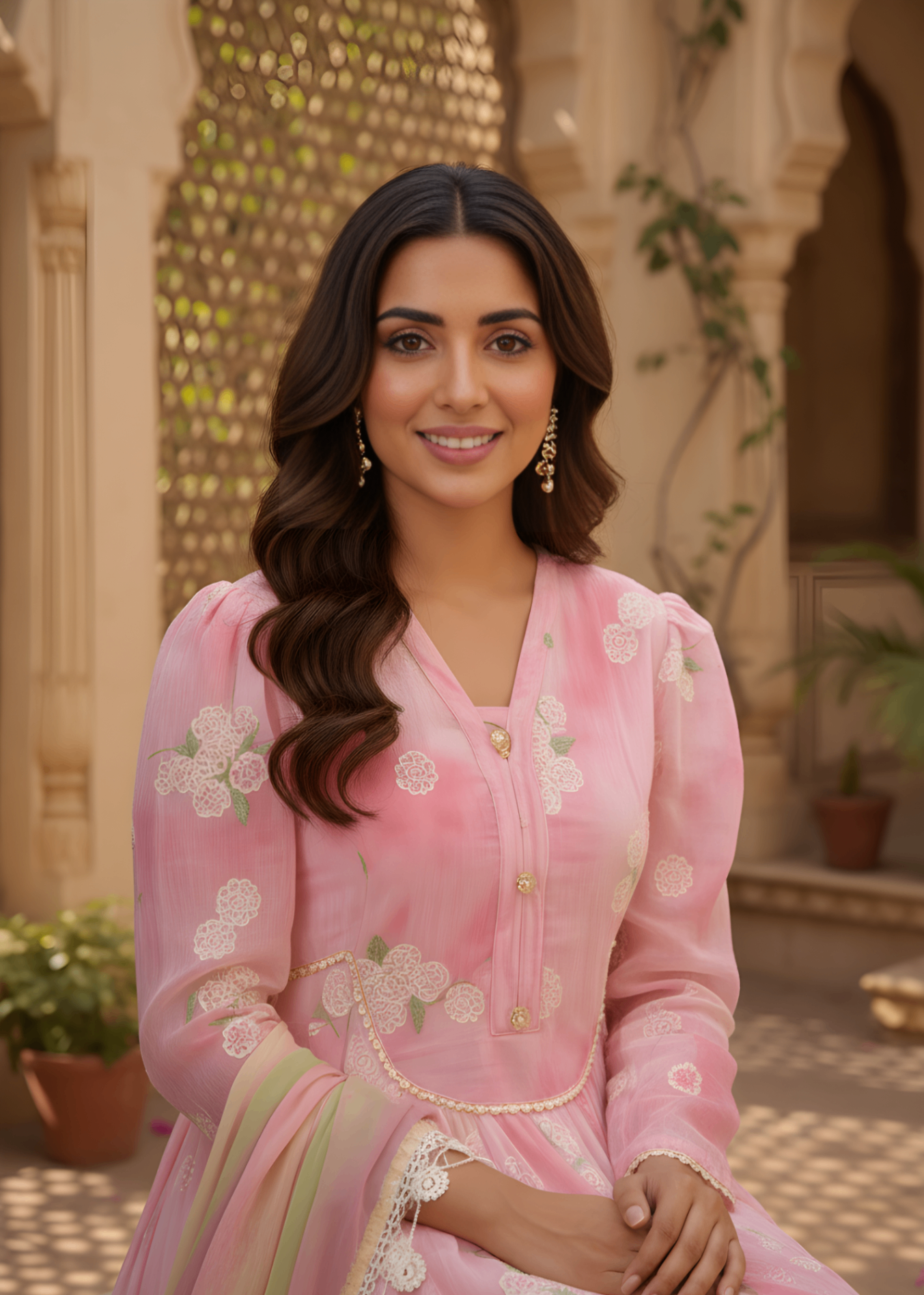 chiffon silk Pishwas in Pink