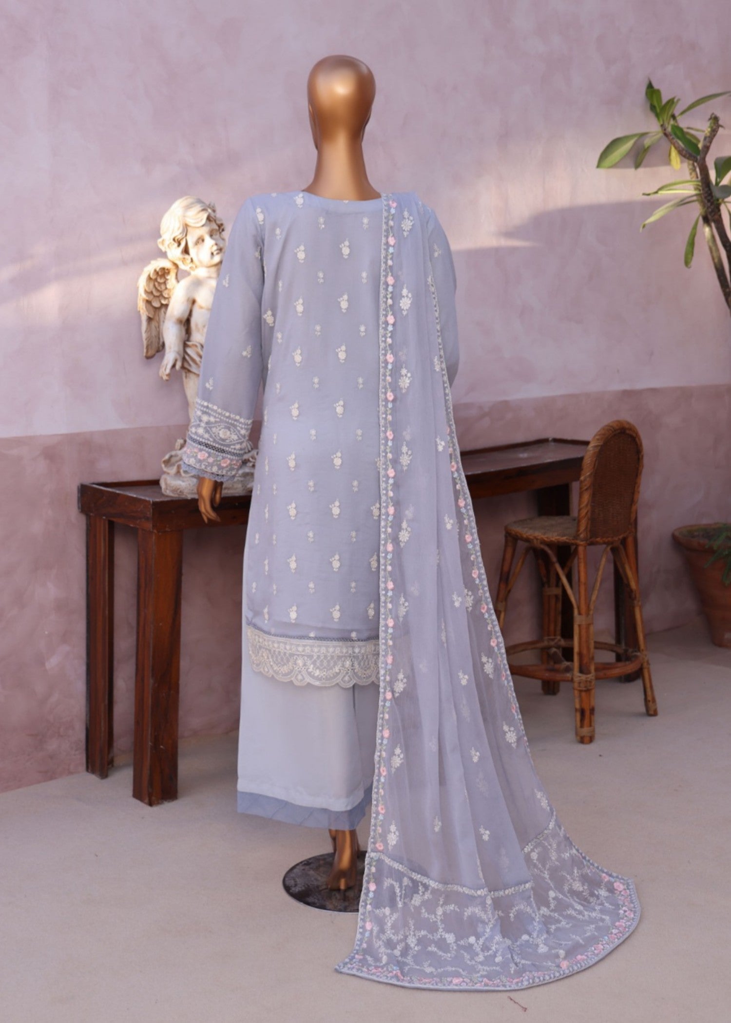 chiffon Kurta Set in Duck egg grey