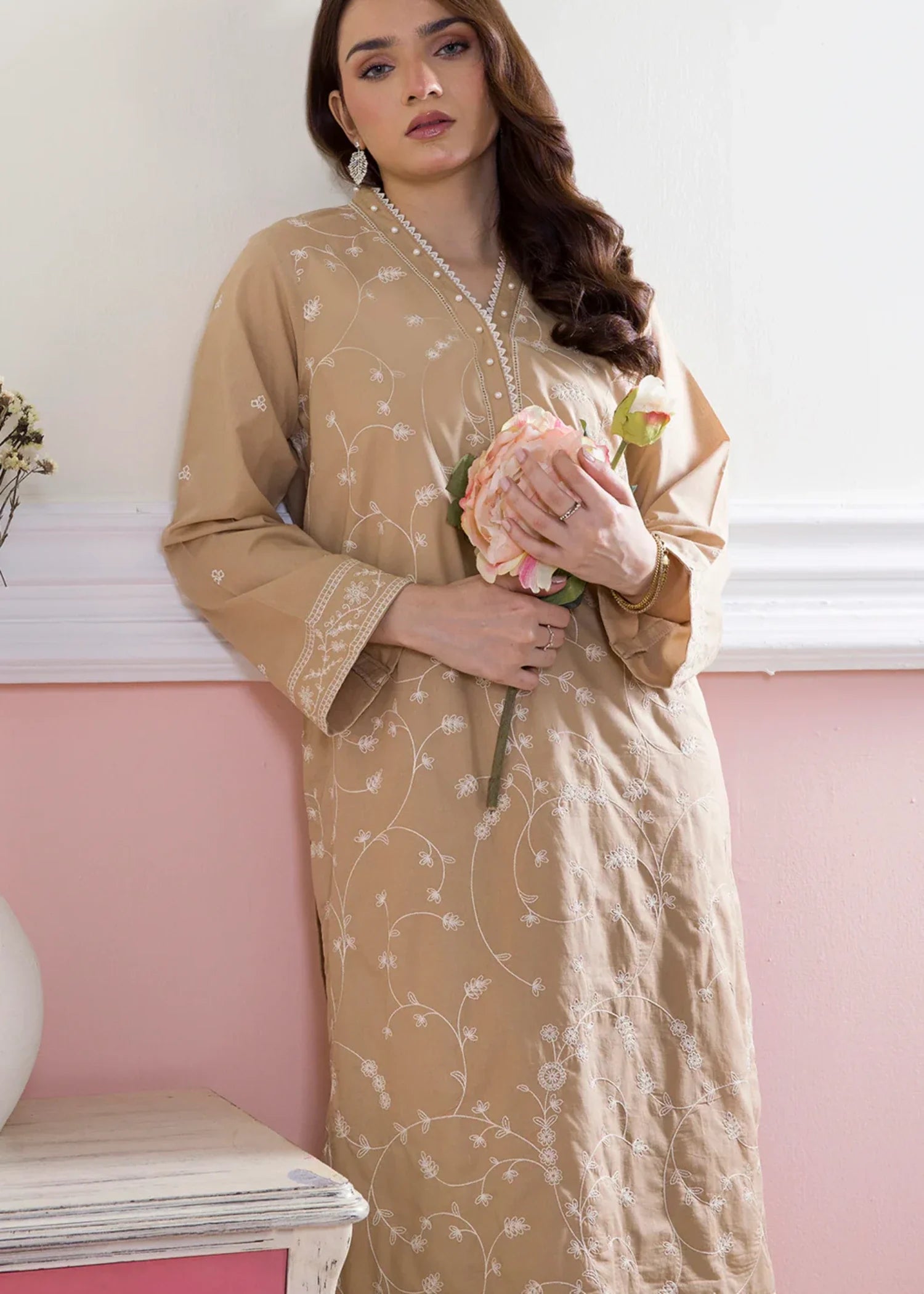 cambric Kurta Set in Sand brown