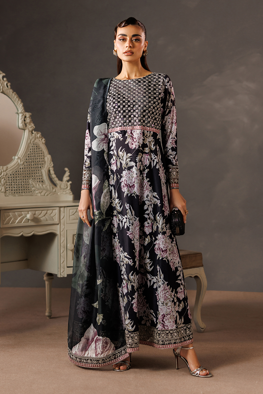 thai silk Maxi in Charcoal black