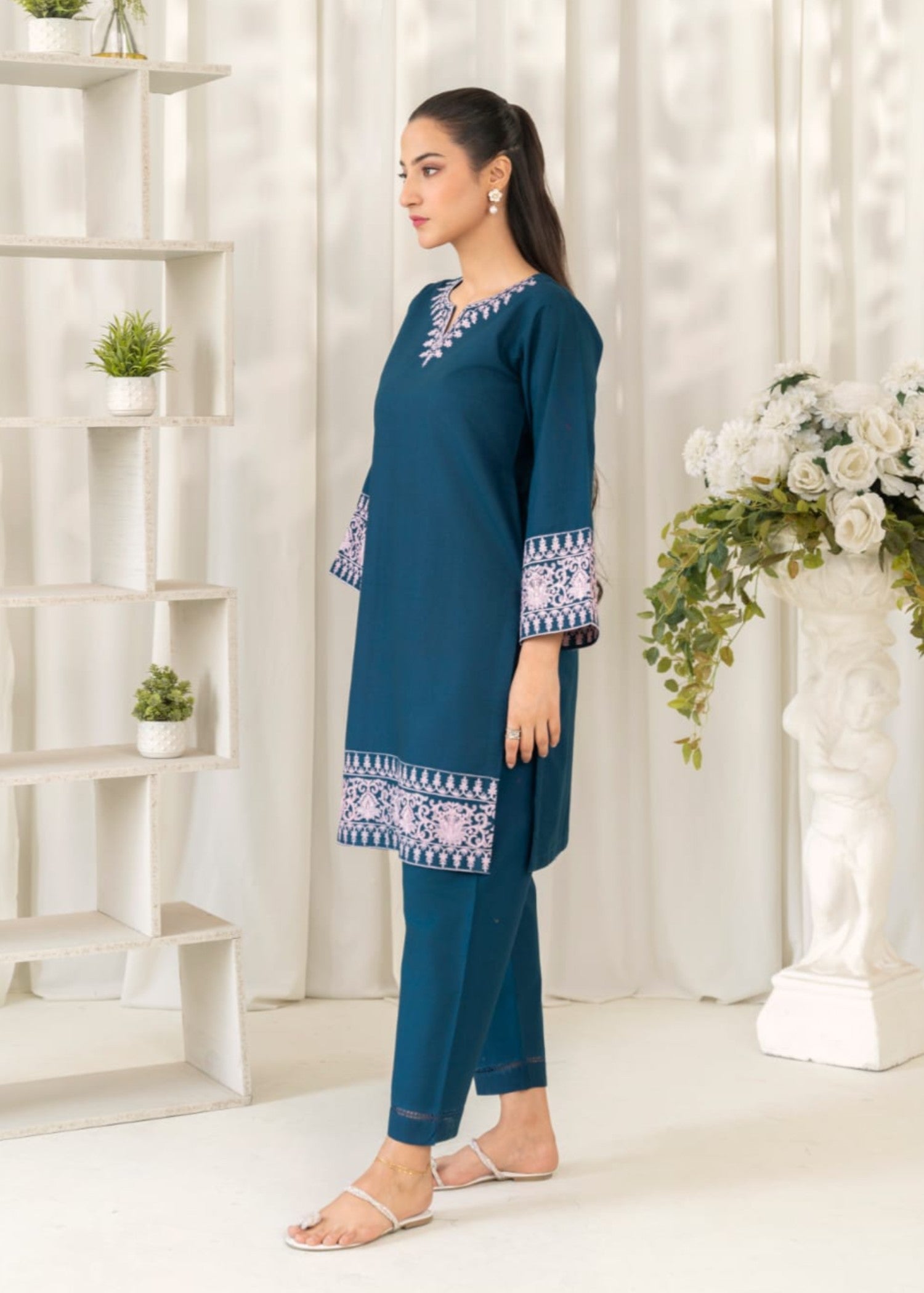 slub khaddar Kurta Set in Teal