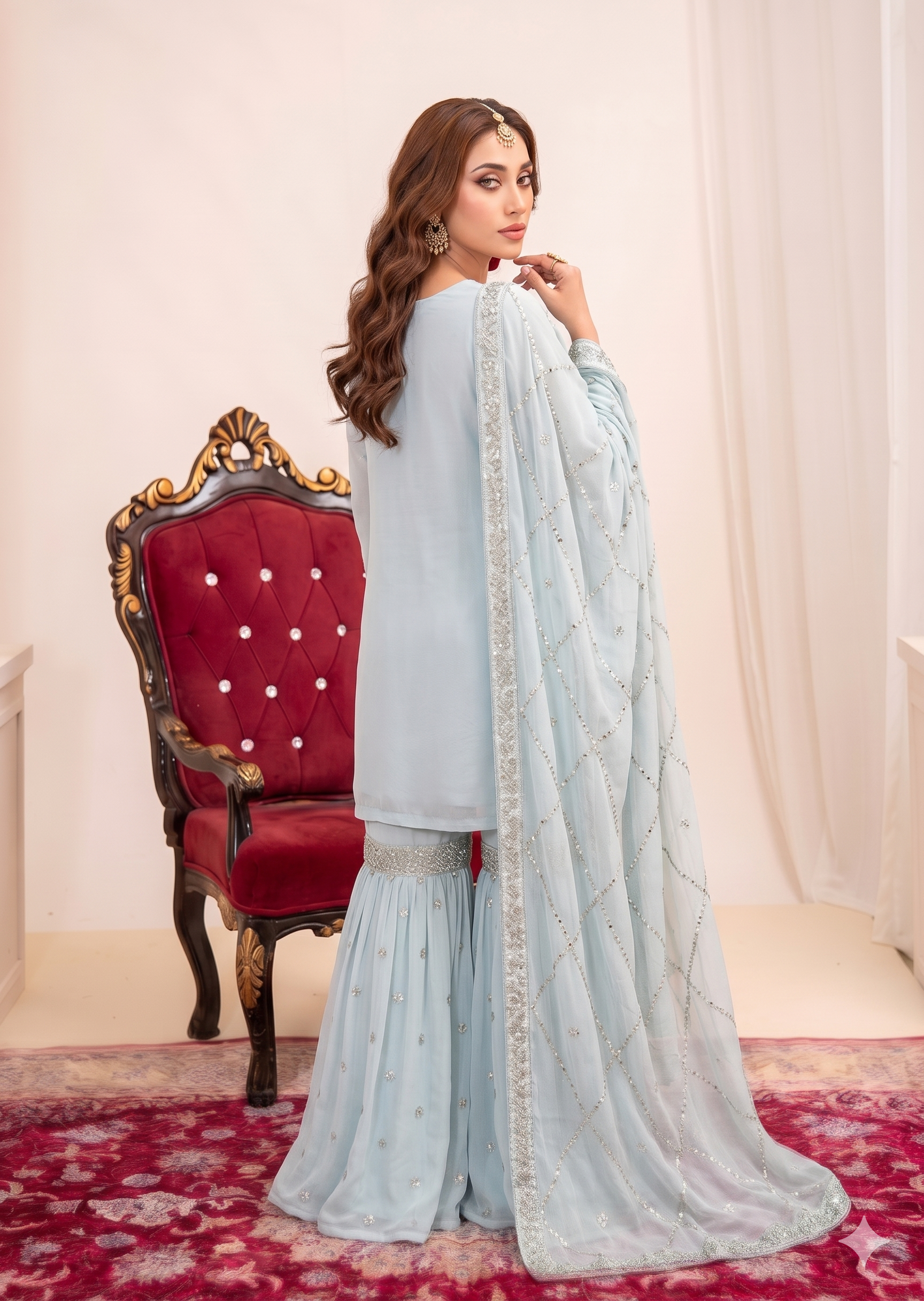 bemberg crinkle chiffon Gharara in Light blue