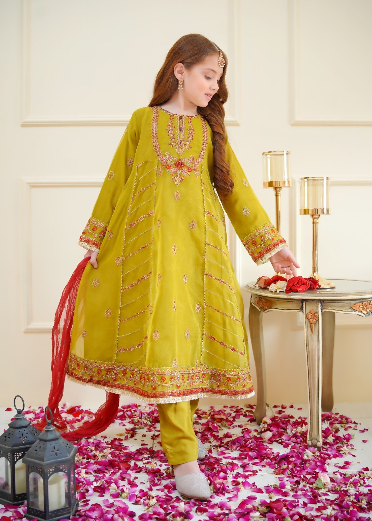 organza Pishwas in Olive green