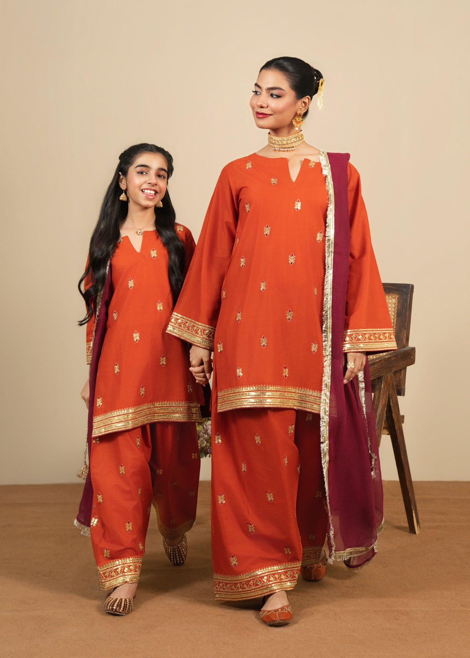 cotton Kurta Set in Rust orange