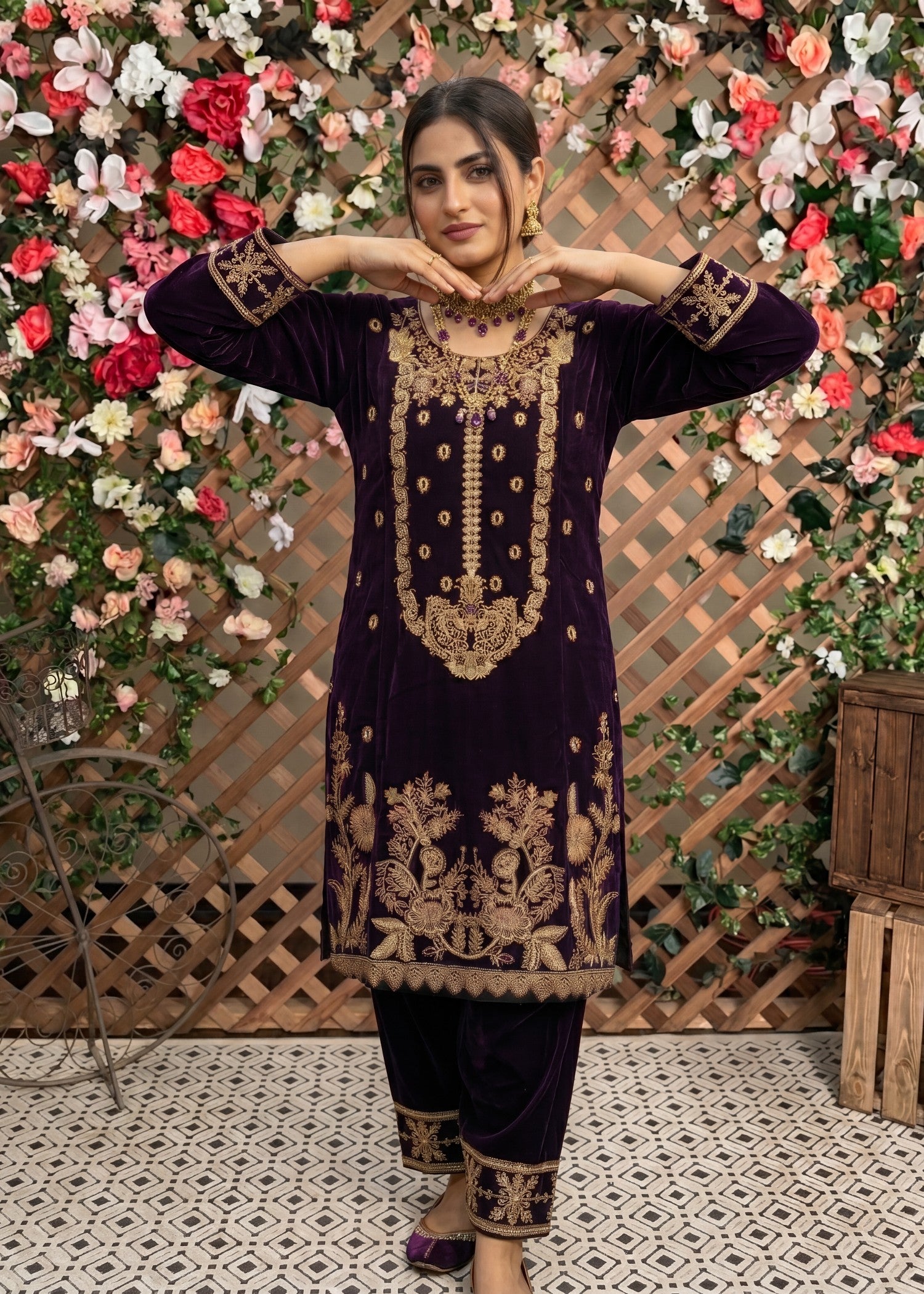velvet Kurta Set in Purple