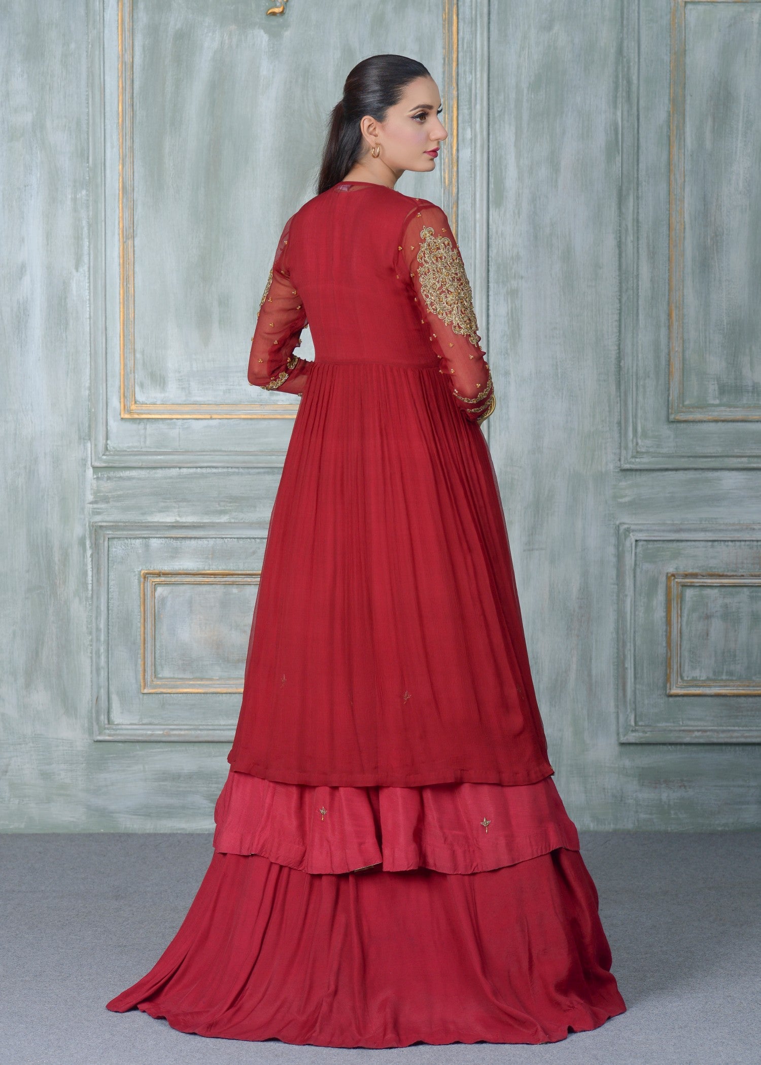 crinkle chiffon Lehenga in Maroon
