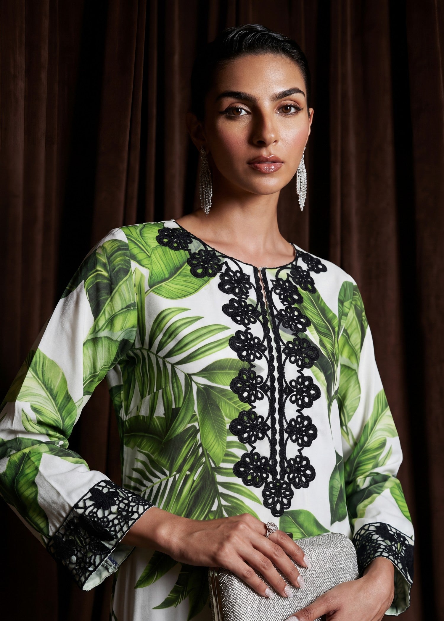 poly silk Kurti in Forest green, ivory