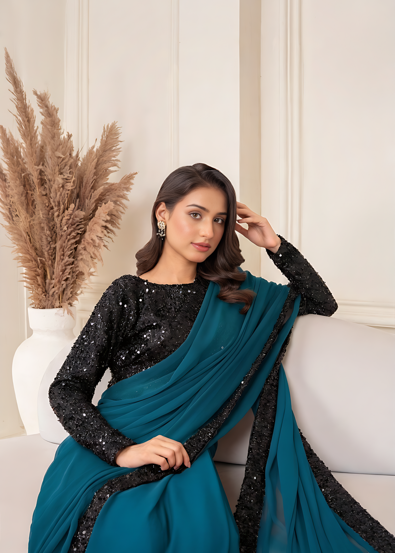 moonlight Saree in Teal, black