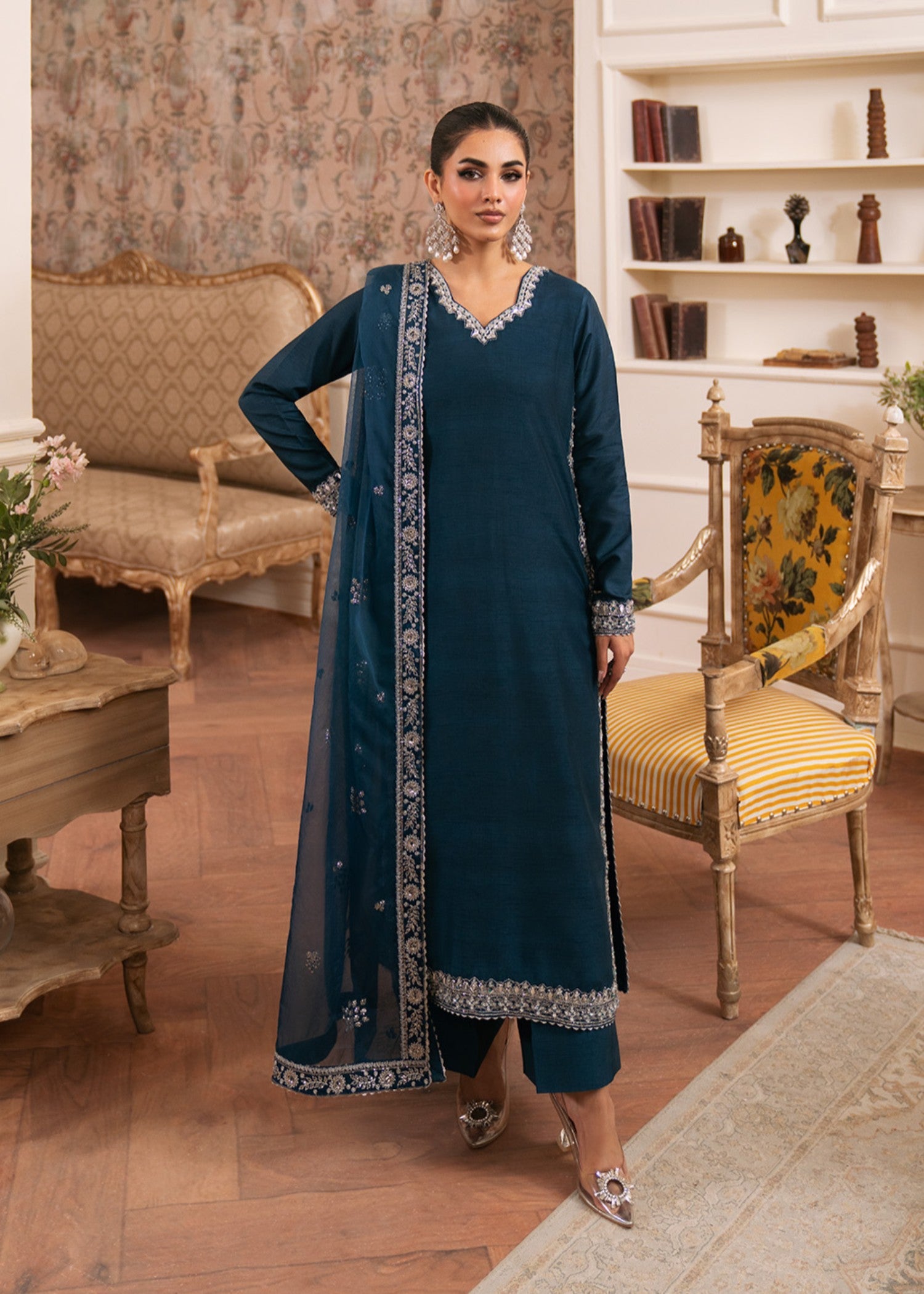 korean raw silk Kurta Set in Steel teal
