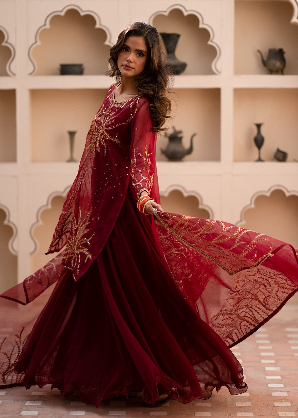 organza Pishwas in Maroon