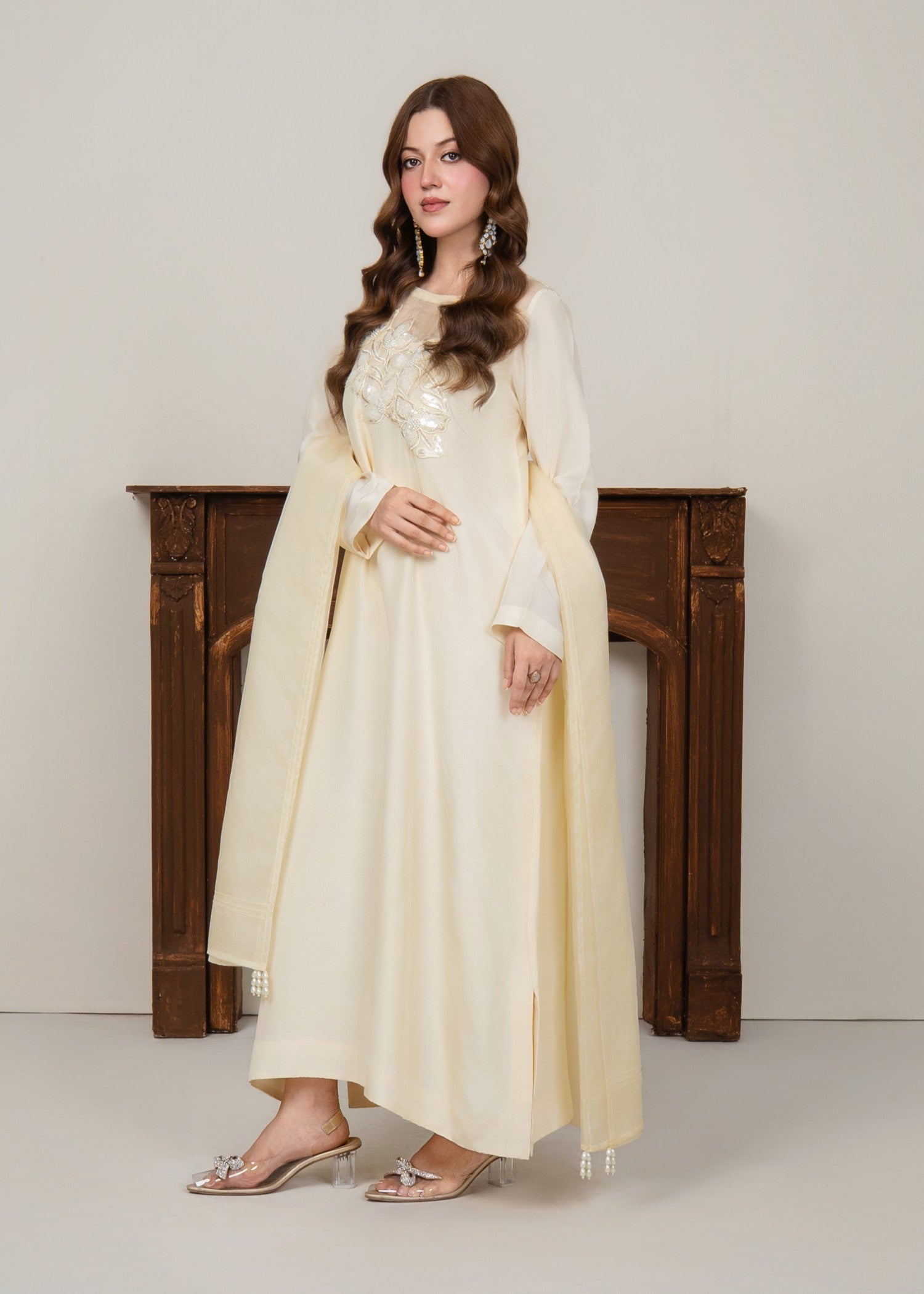 tussar silk Kaftan in Vanilla