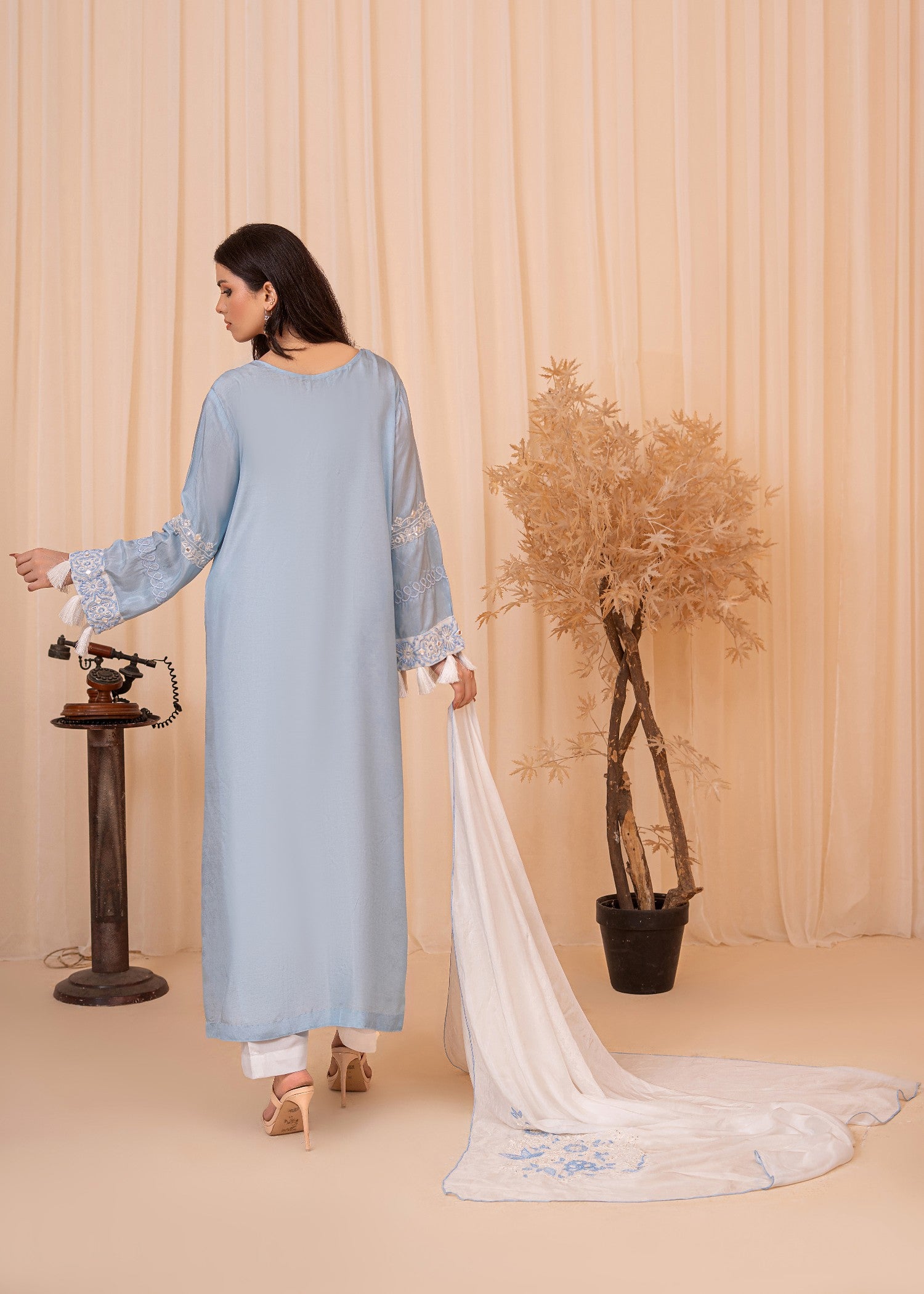 silk Kaftan in White, powder blue