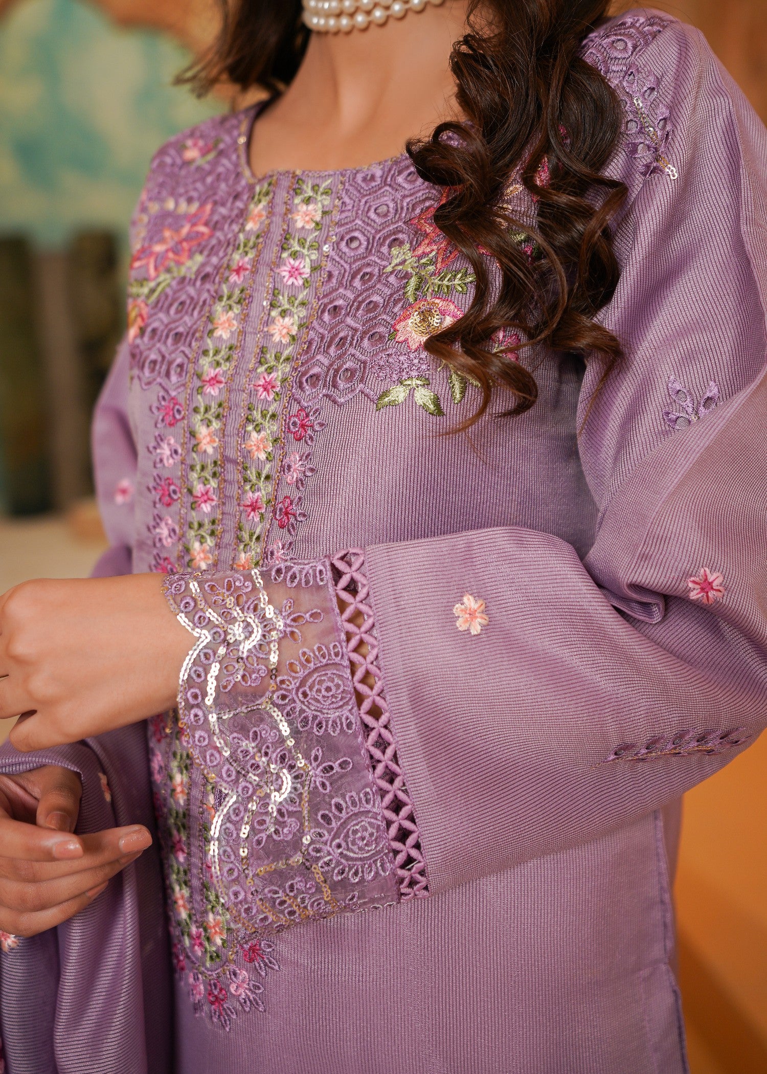 khaddi net Kurta Set in Lilac, heathered lilac