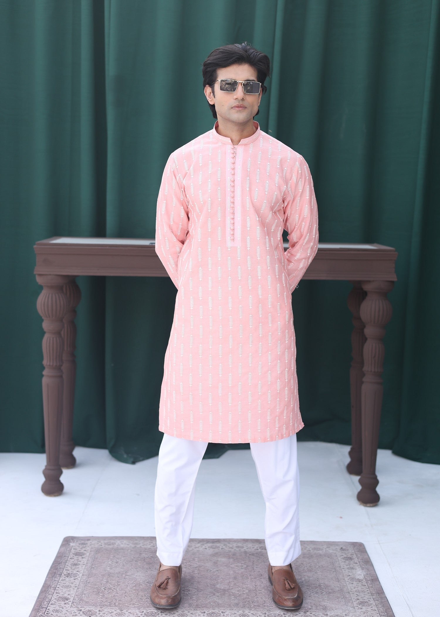 paper silk Kurta Set in Coral pink