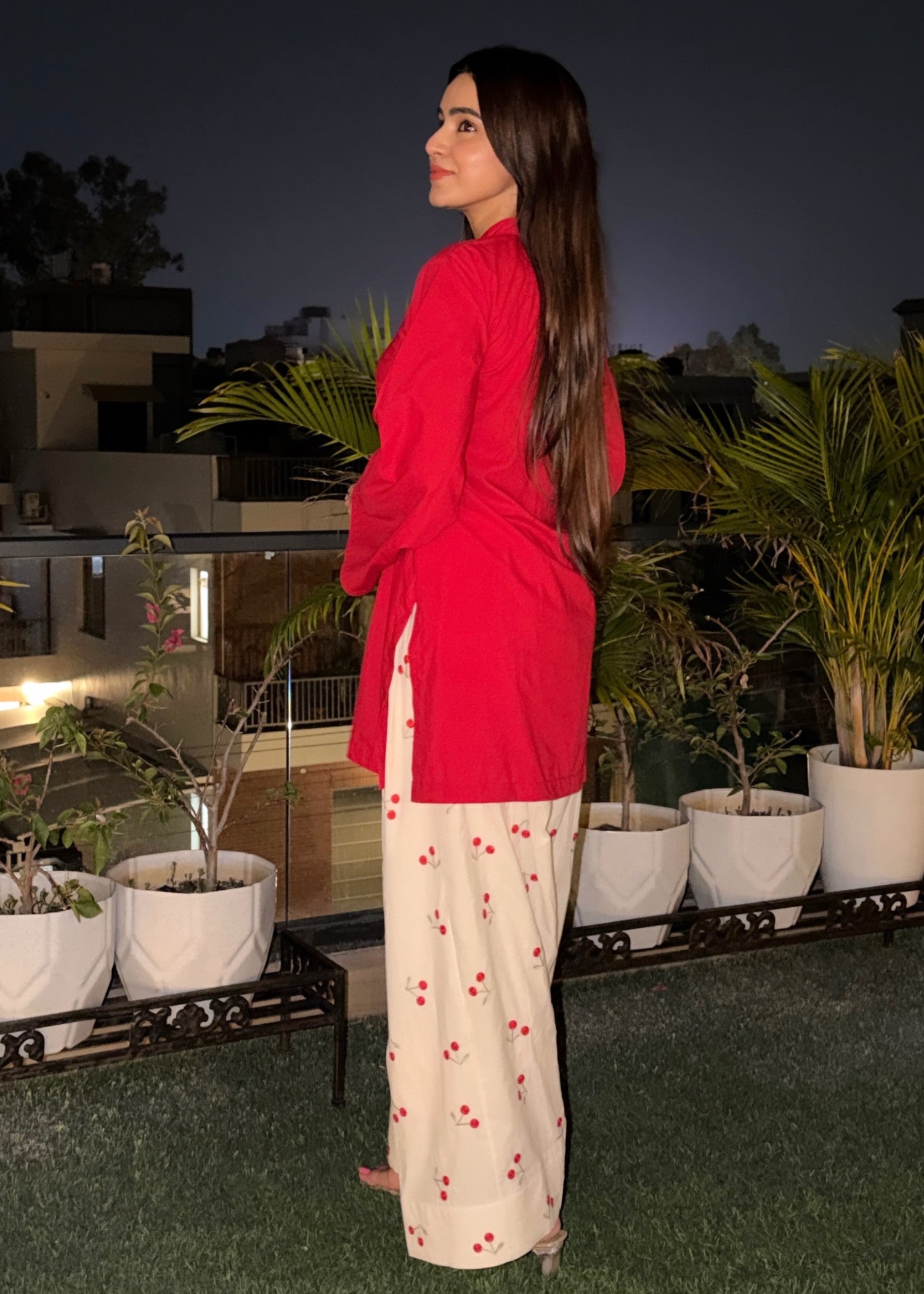 arabic lawn Kurta Set in Red, cream