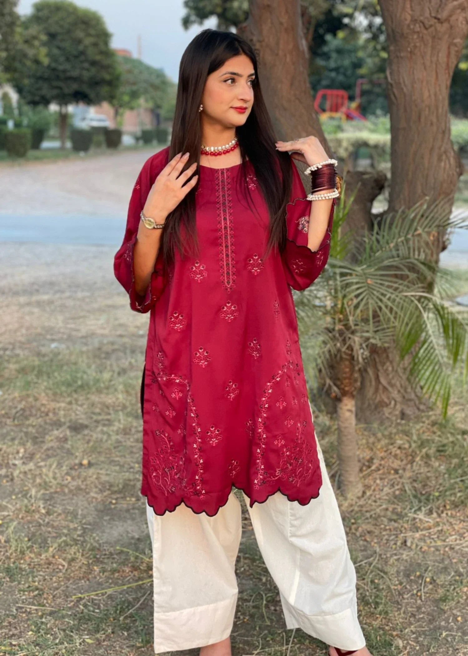 raw silk Kurta Set in Blood red, cream