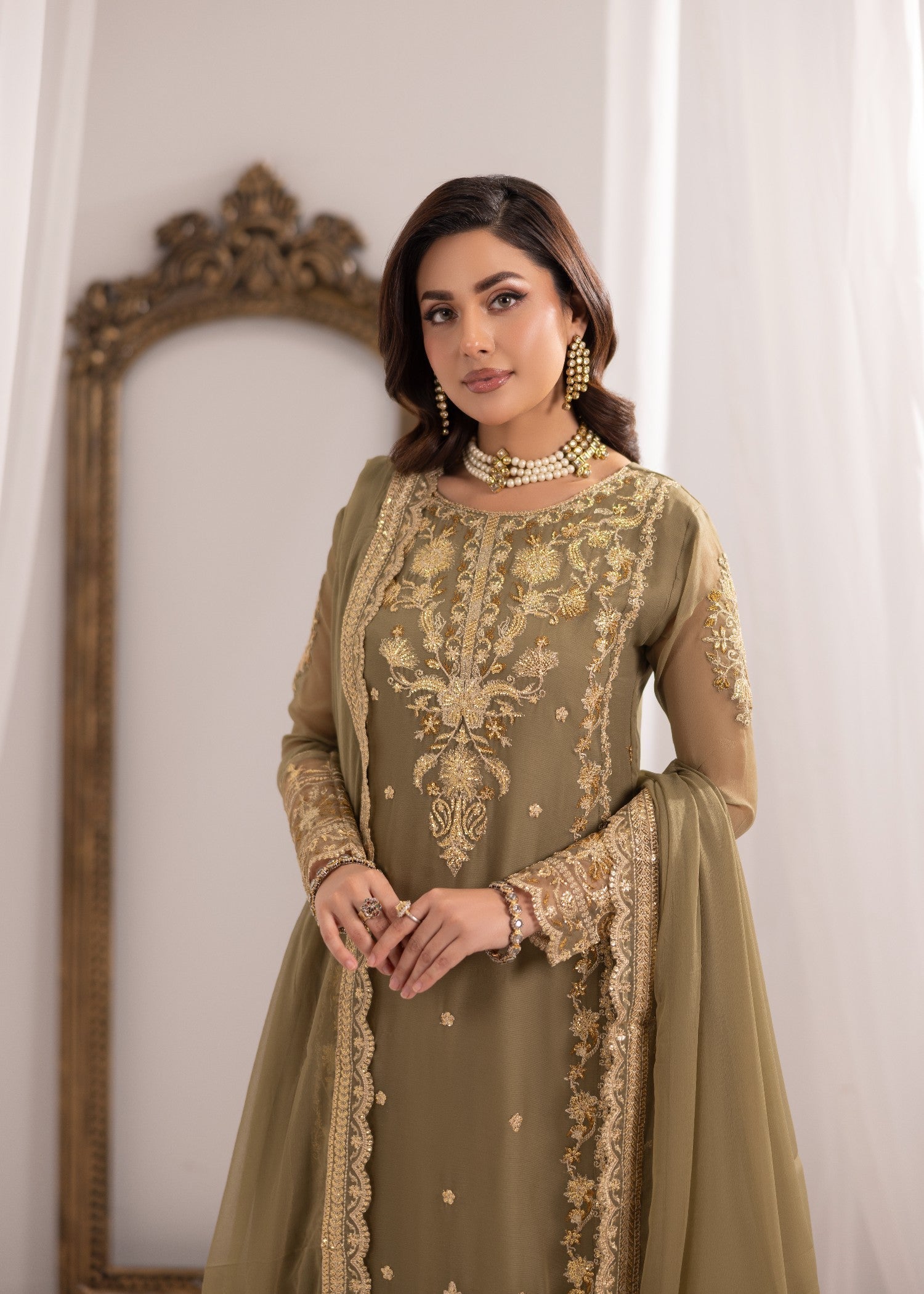 bemberg crinkle chiffon Kurta Set in Sage green