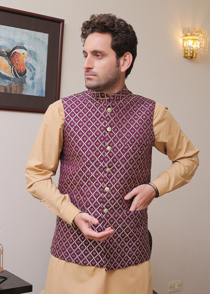 banarsi silk Waistcoat in Purple