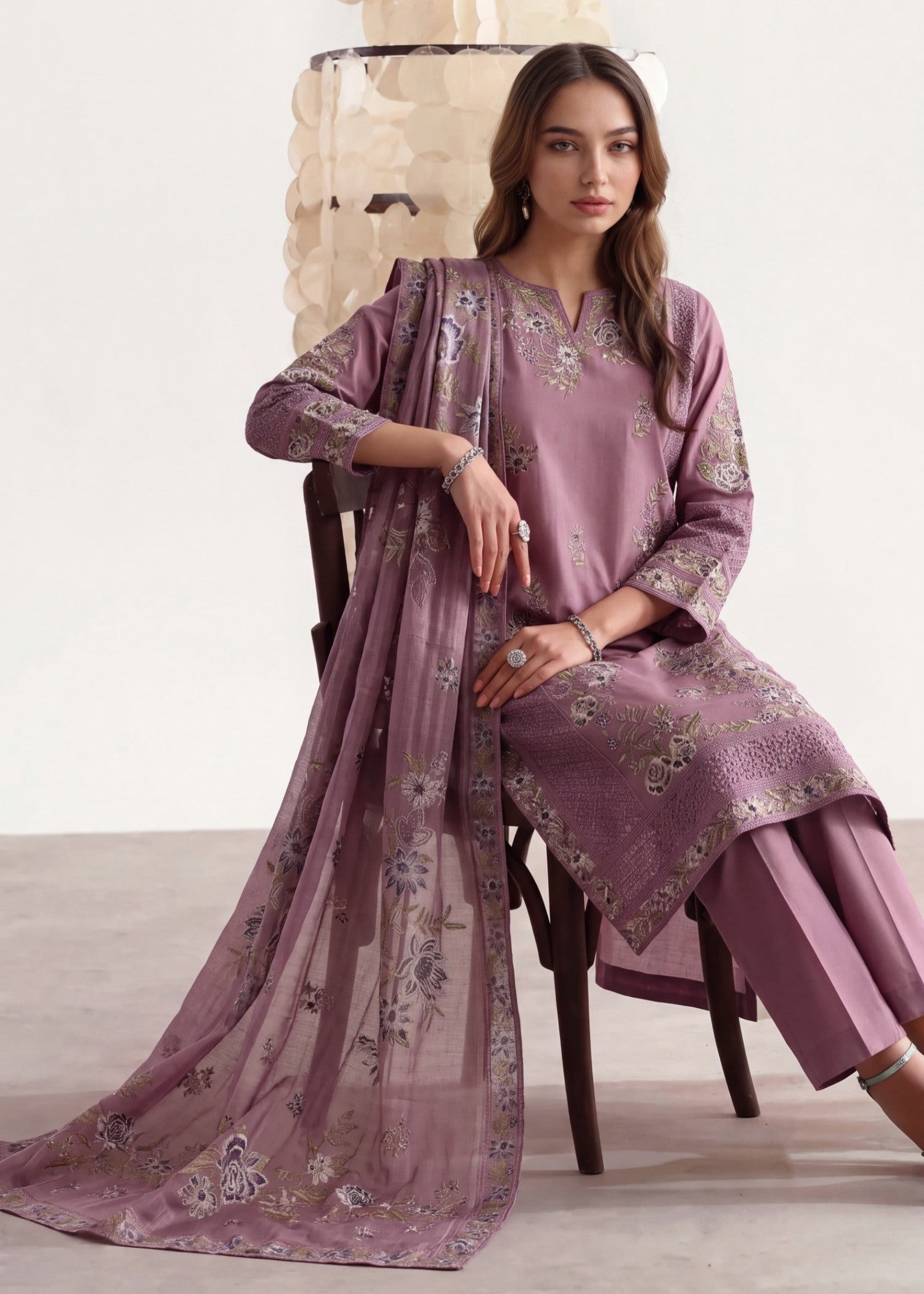 lawn cotton Kurta Set in Heathered lilac, lavender grey