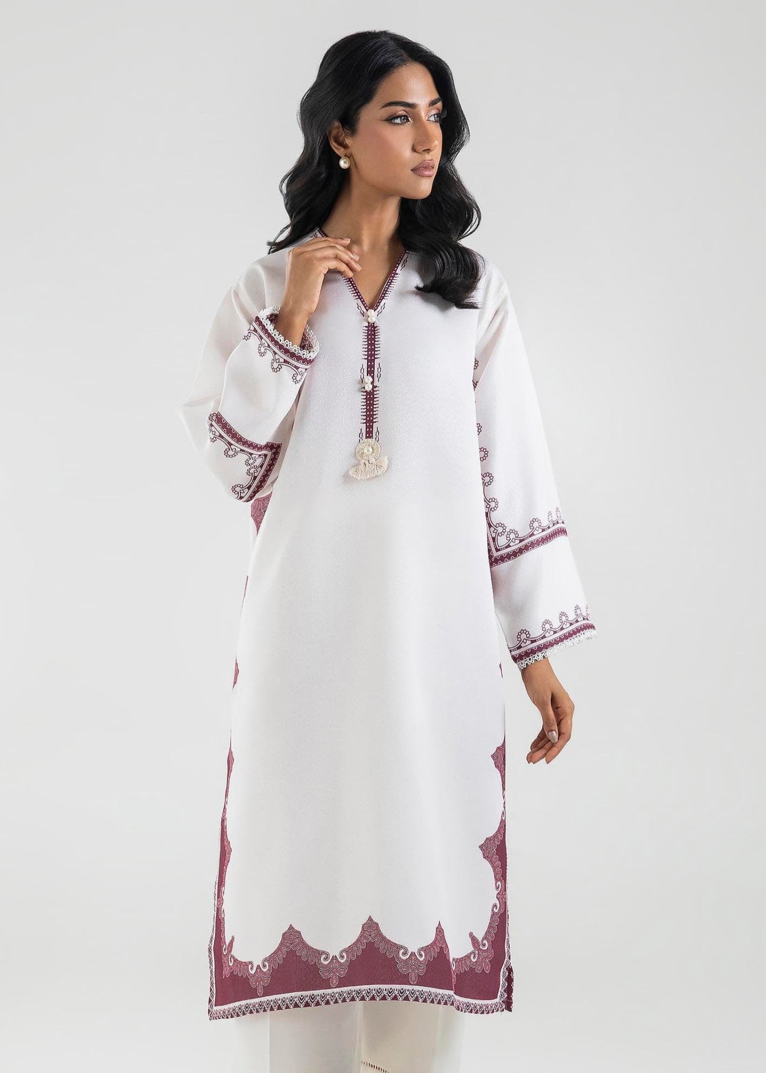 blended satin jacquard Kurti in White