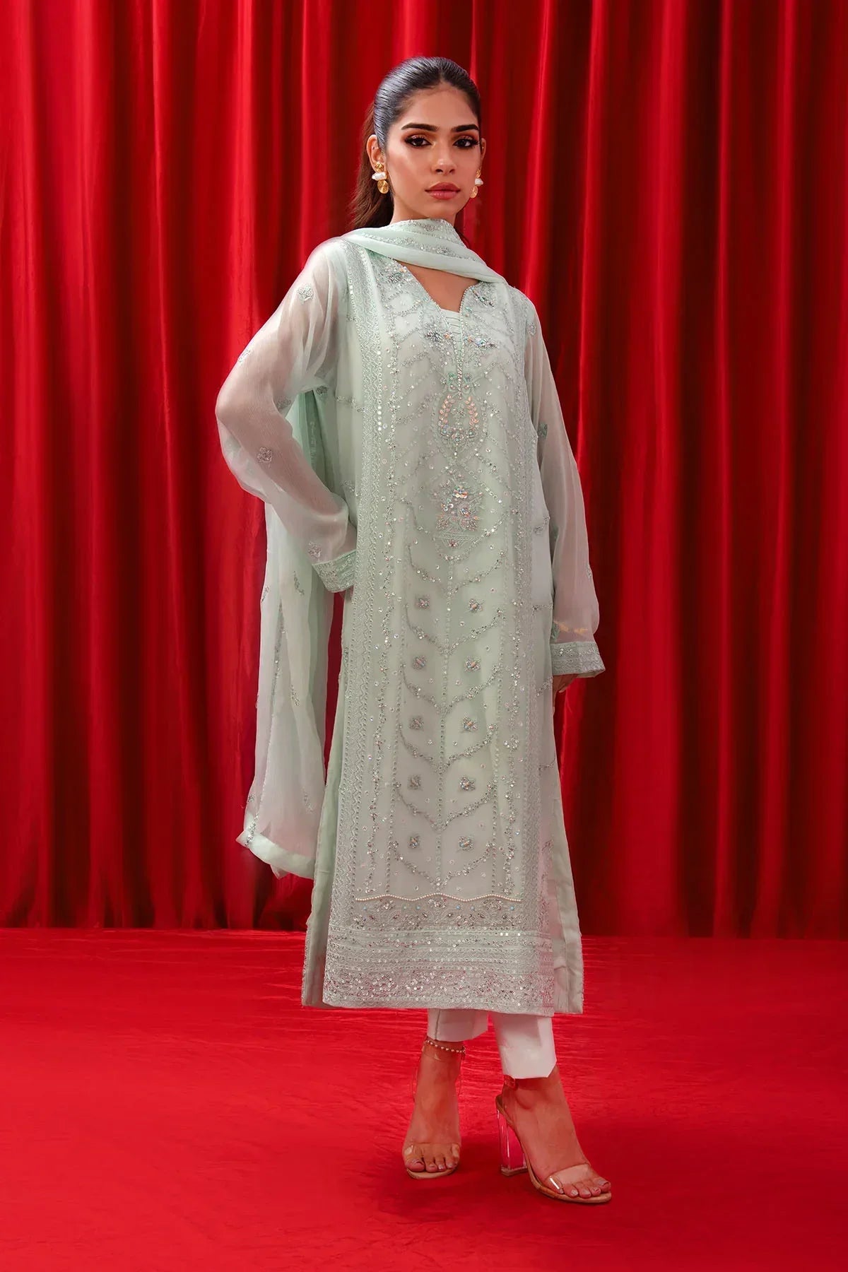 bemberg crinkle chiffon Kurta Set in Tea green