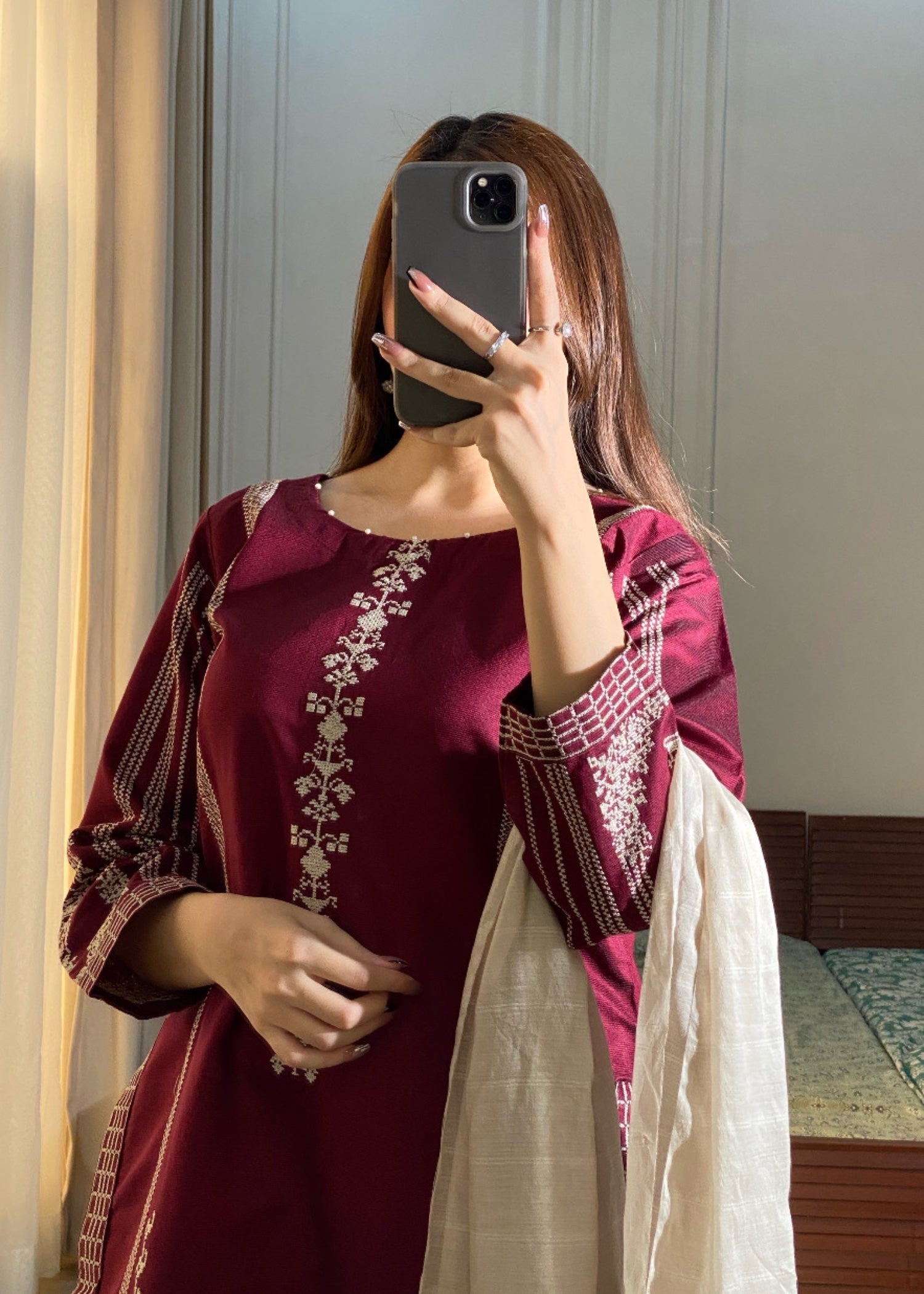 cotton karandi Kurta Set in Burgundy