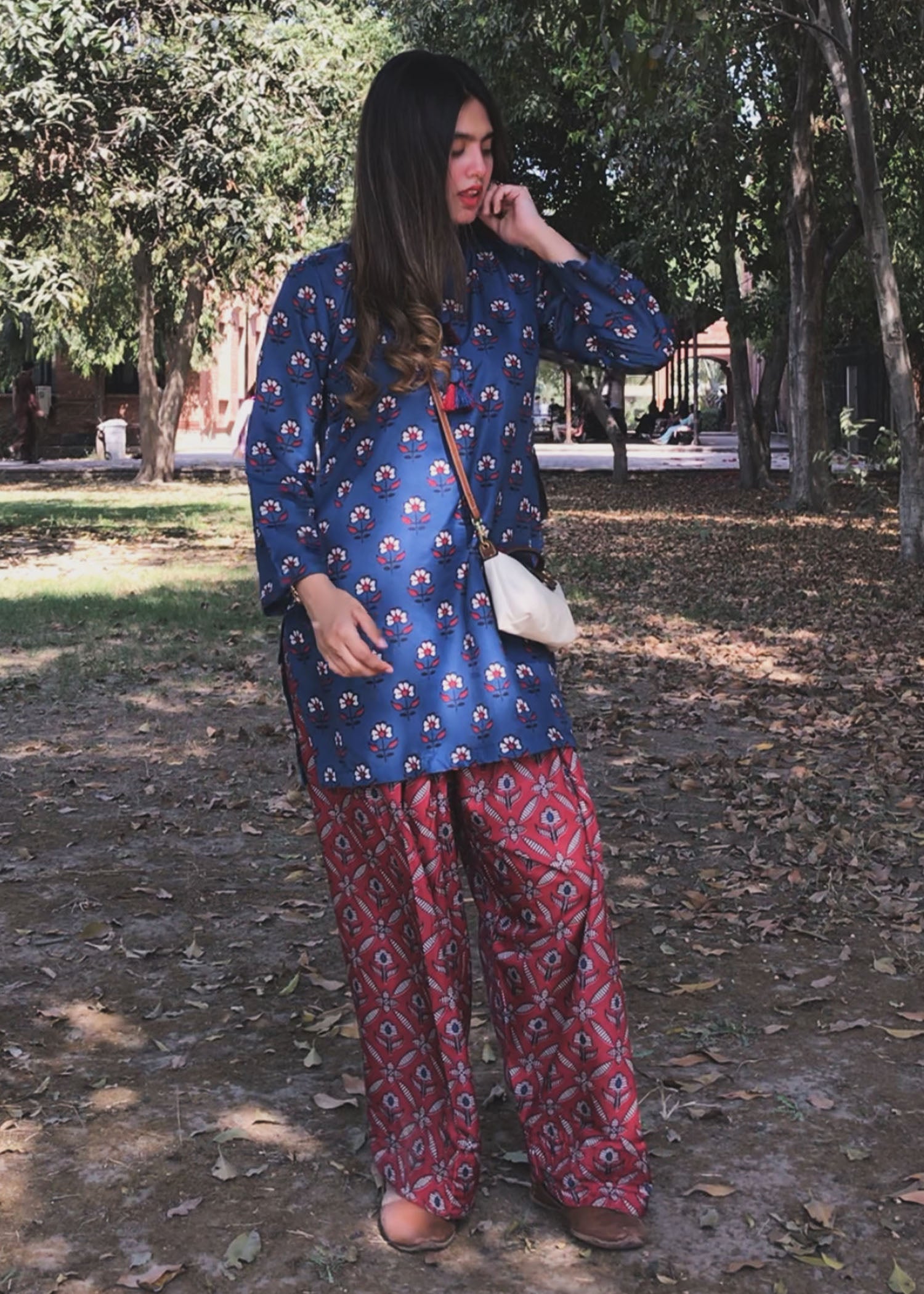silk finish lawn Kurta Set in Blue, red