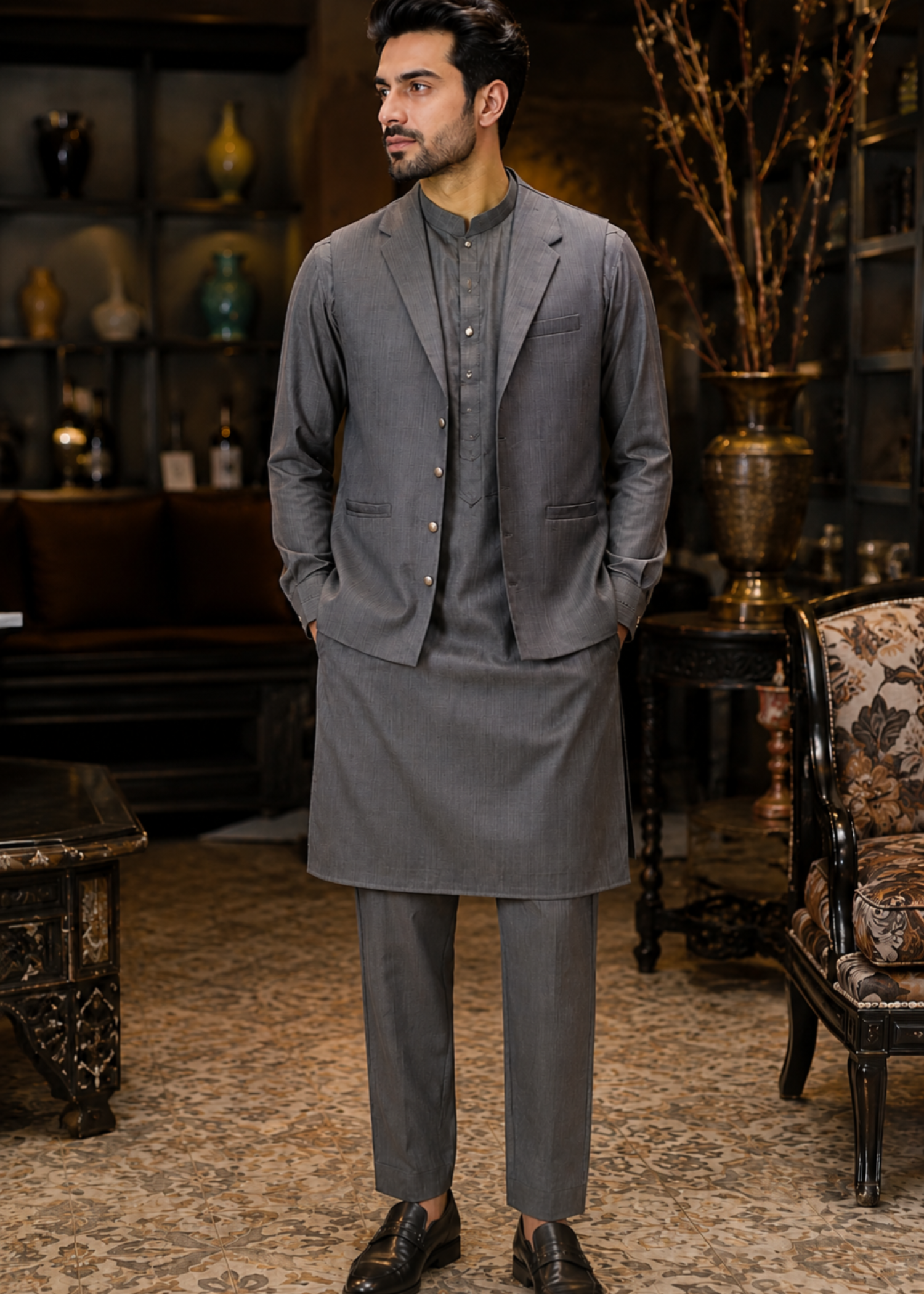 textured wash & wear Waistcoat in Dark grey