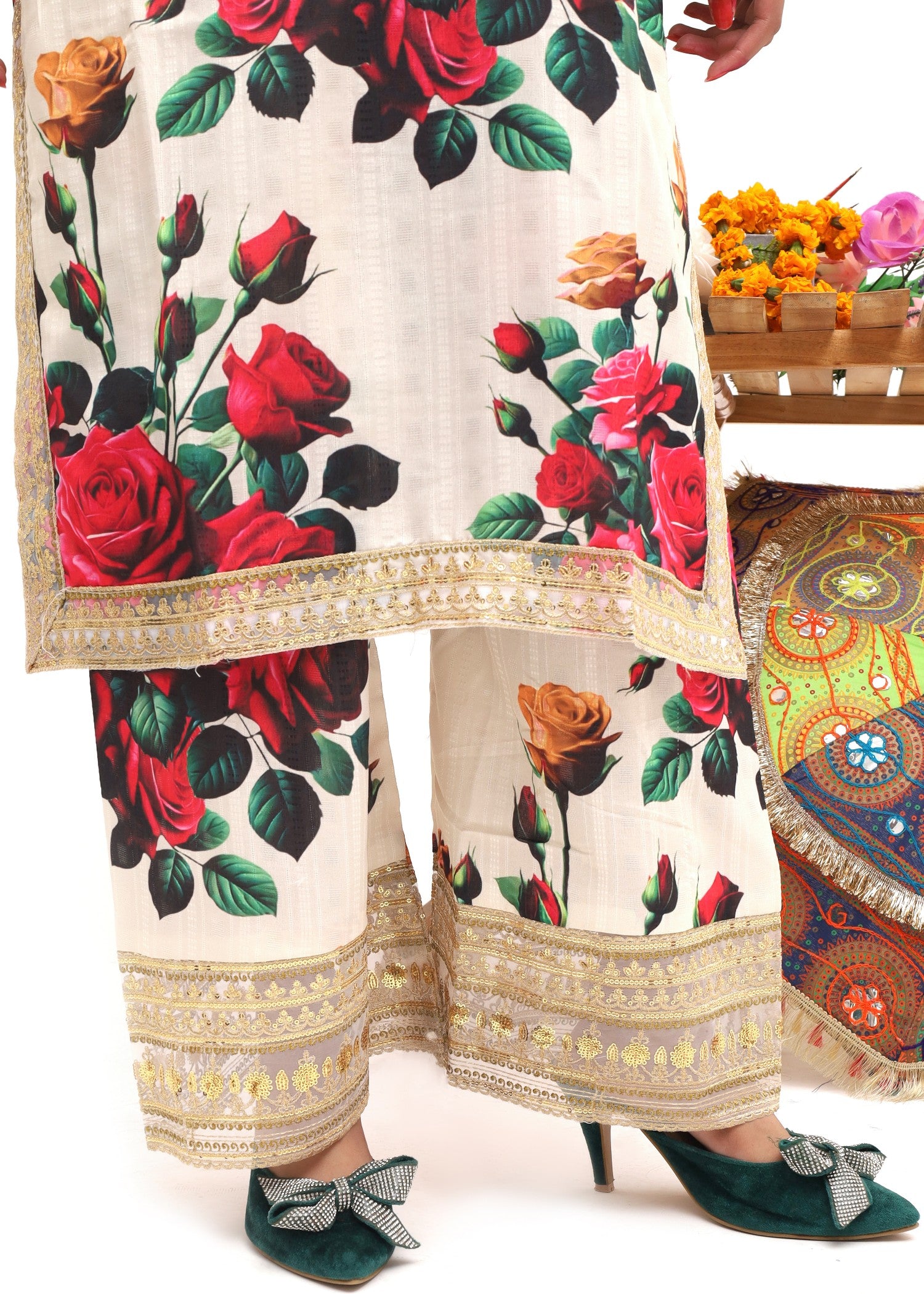 textured lawn Kurta Set in White, multi