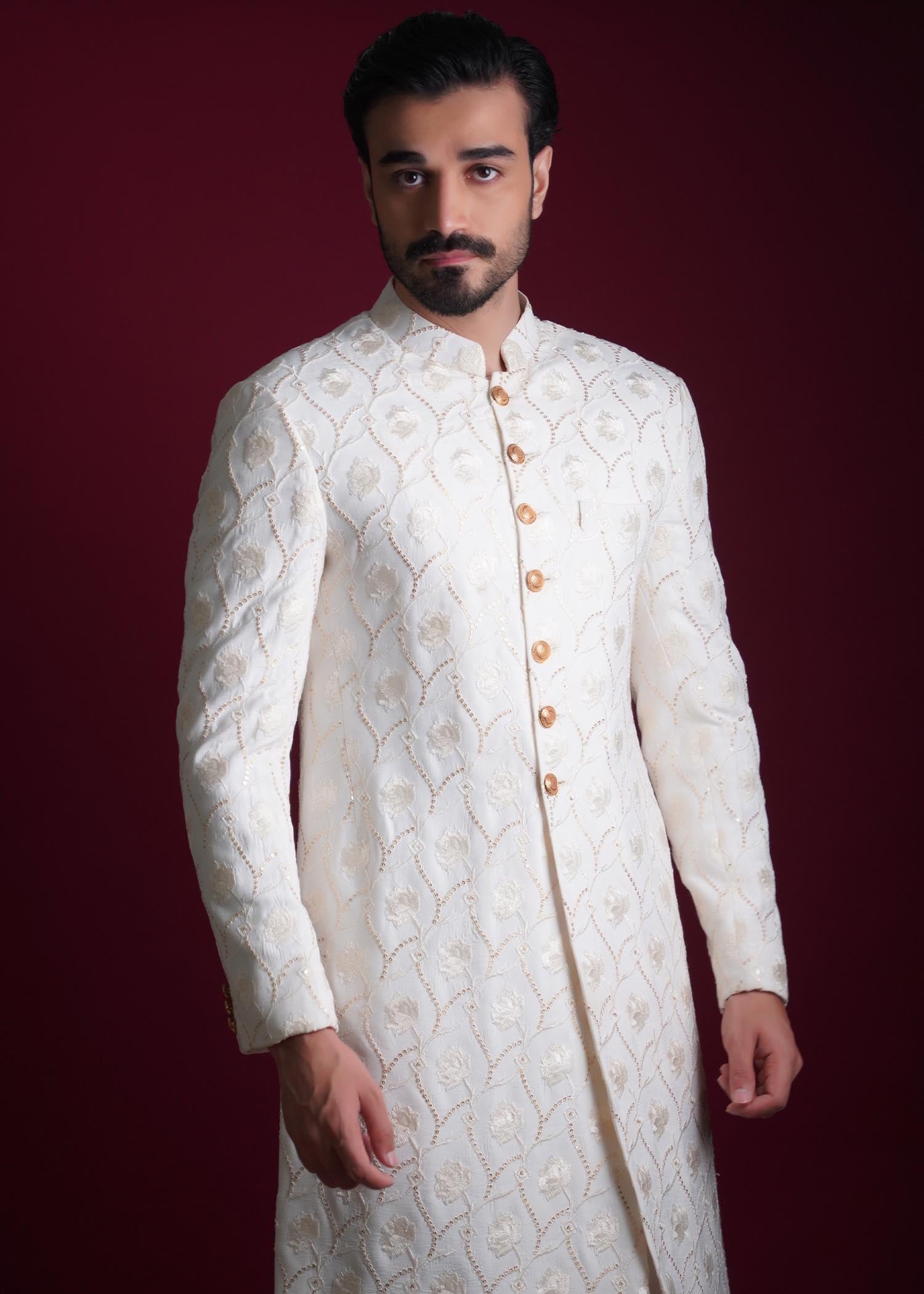 viscose raw silk Sherwani in Off-white