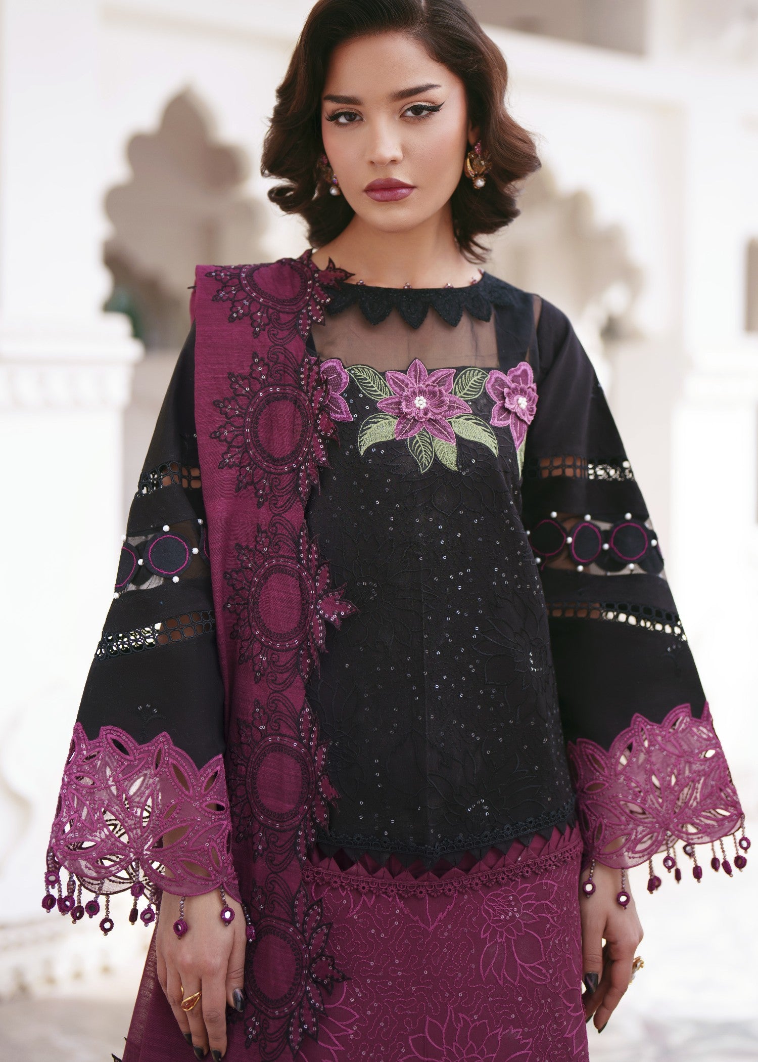 lawn Unstitched in Black, red violet