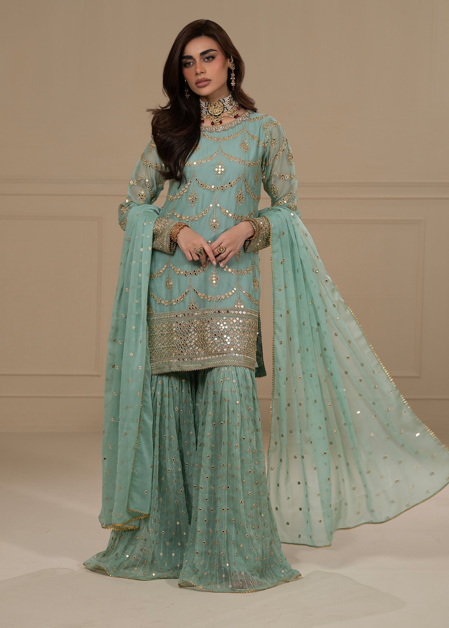 chiffon Gharara in Aquamarine