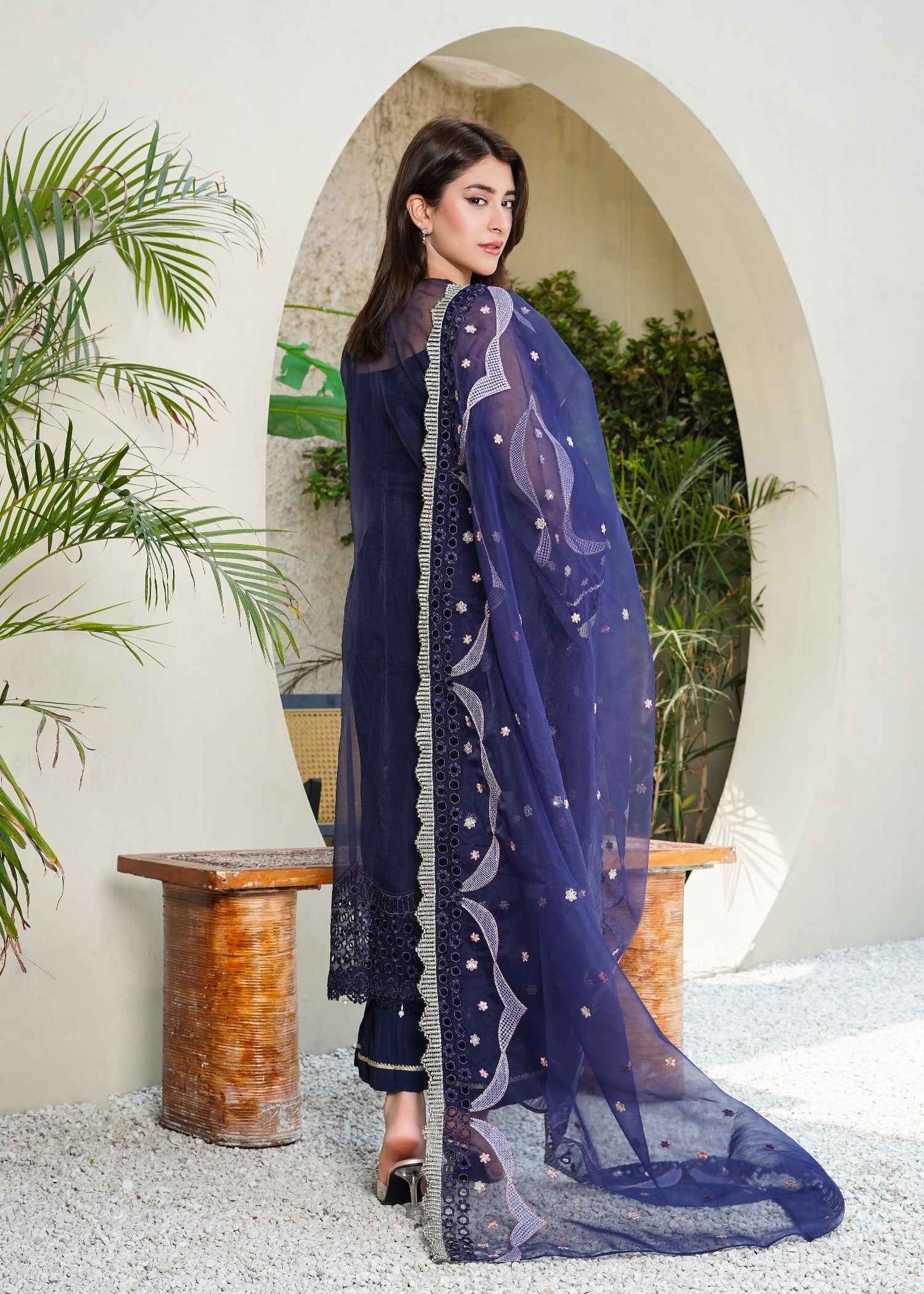 organza Kurta Set in Midnight blue
