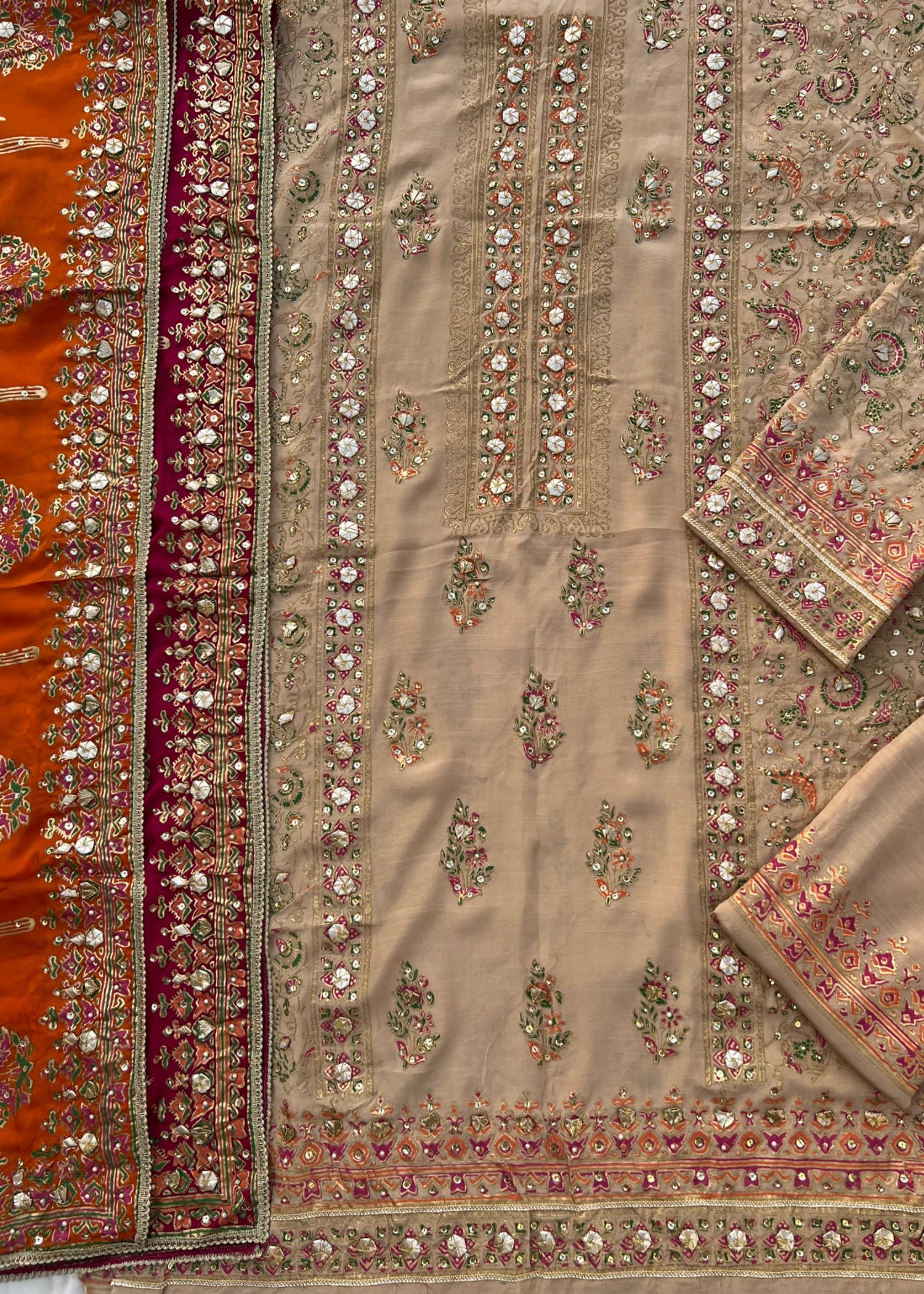 pk raw silk Unstitched in Orange, shocking pink, tan brown