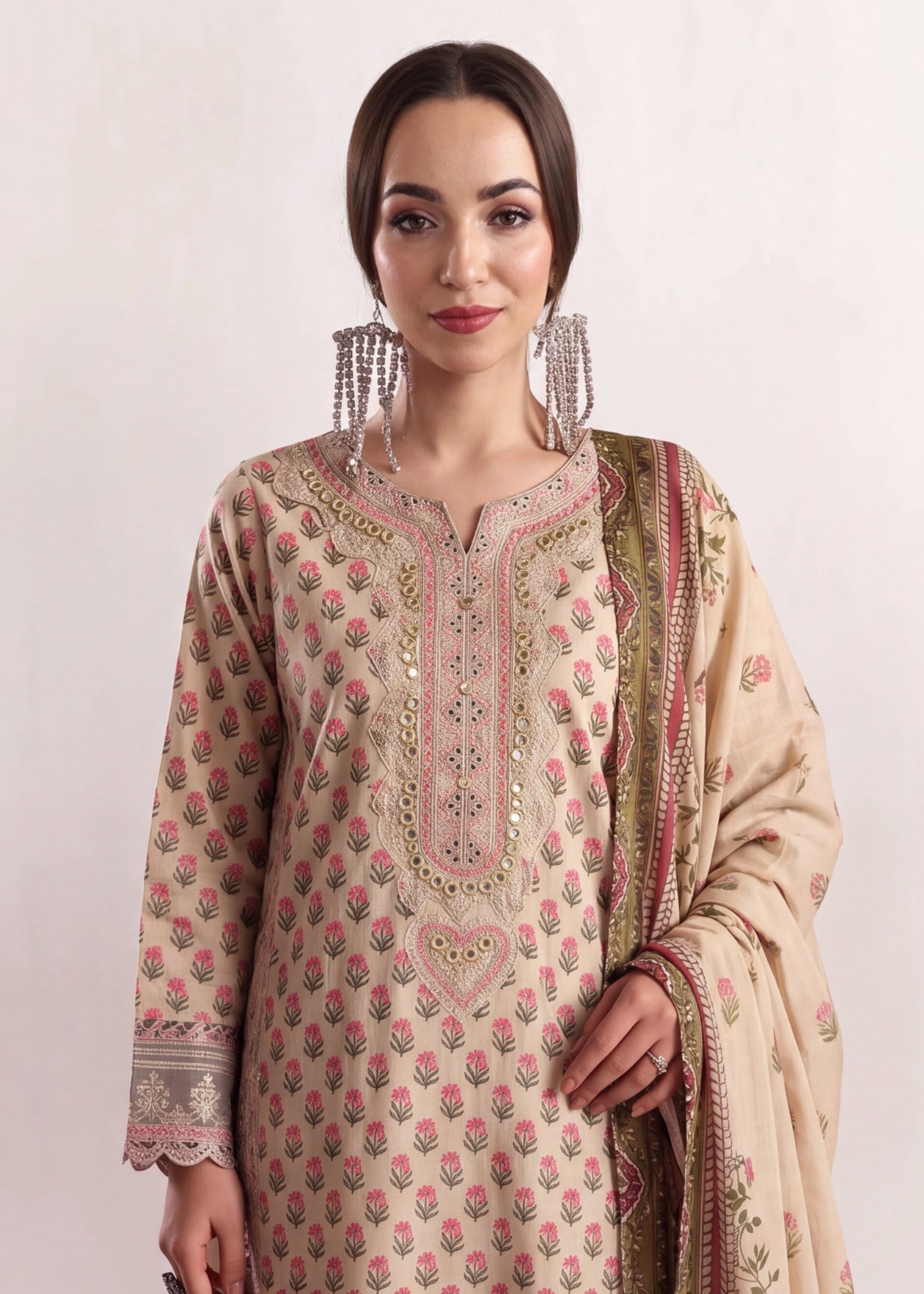 poly lawn Kurta Set in Beige, ivory