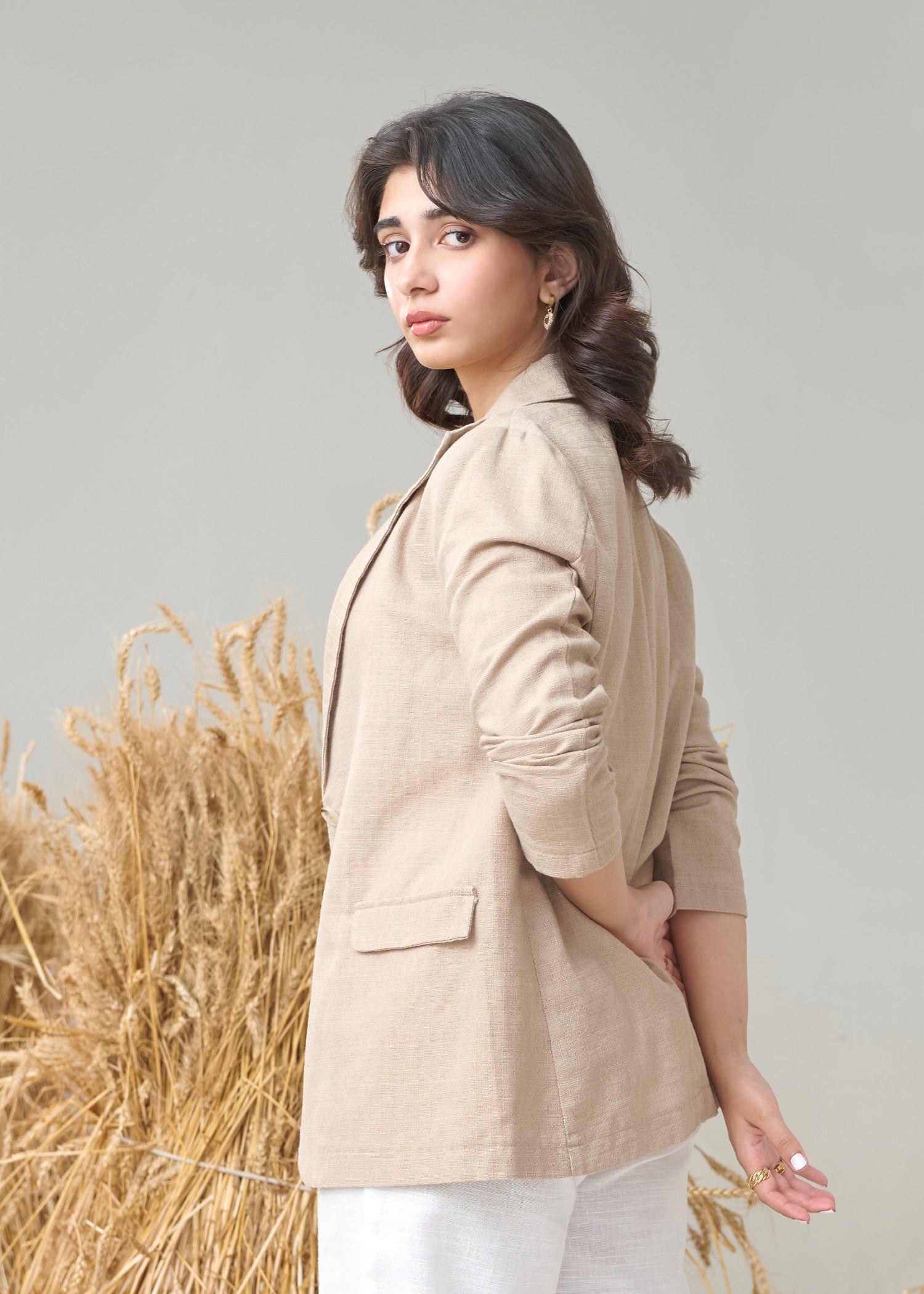injected slub Blazer in Khaki brown