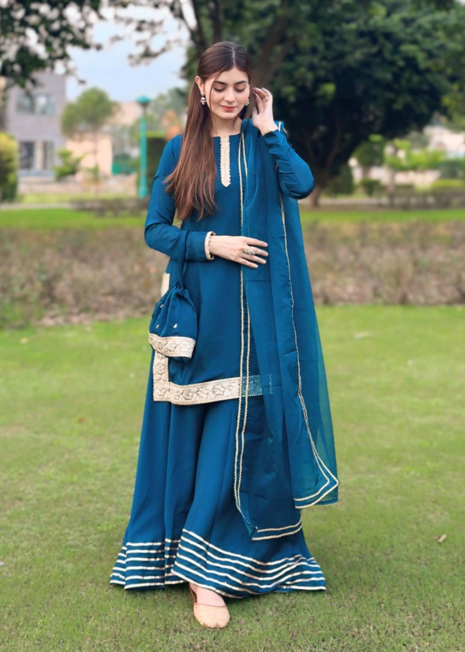 chiffon silk Sharara in Steel blue