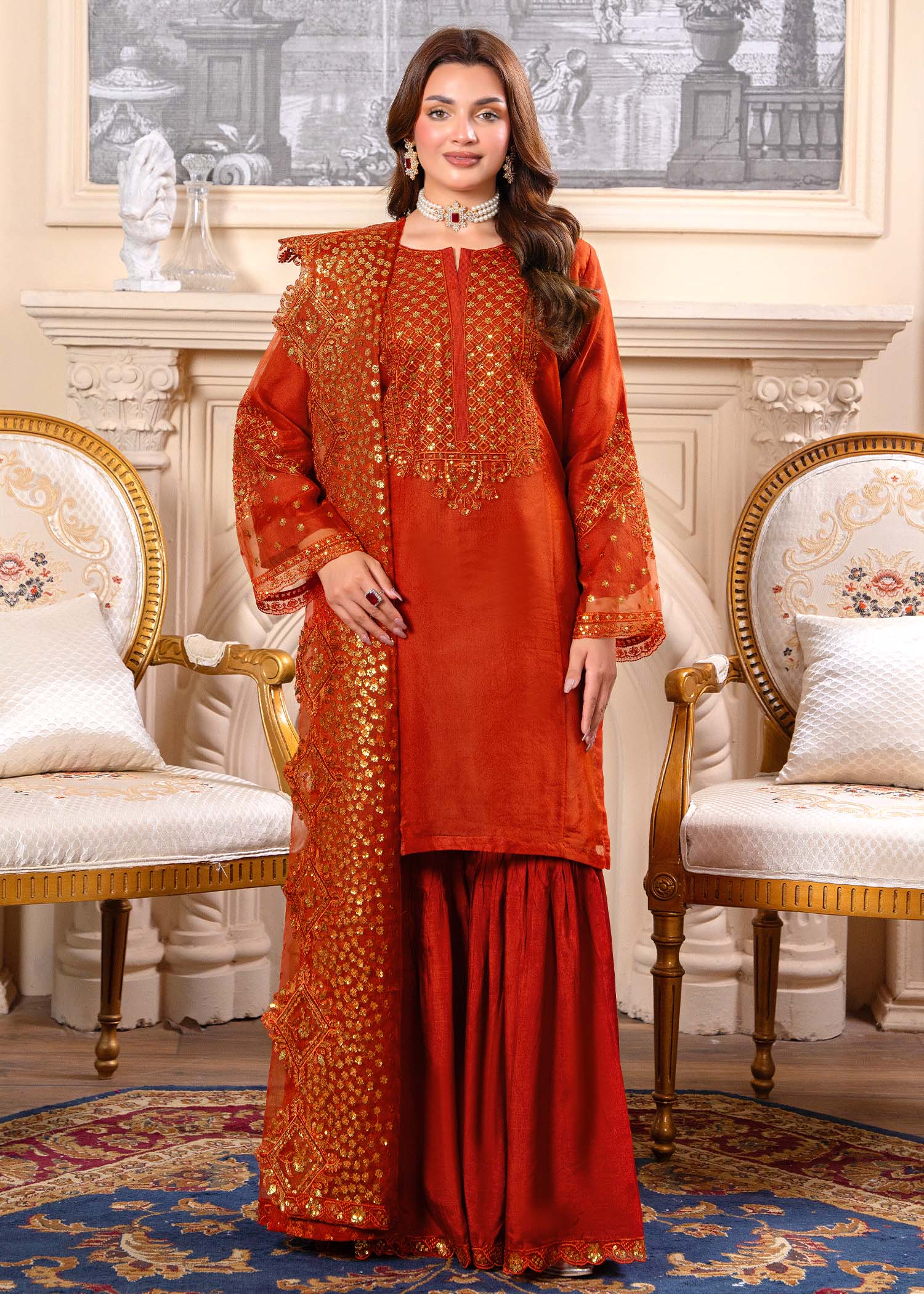 organza Gharara in Rust orange