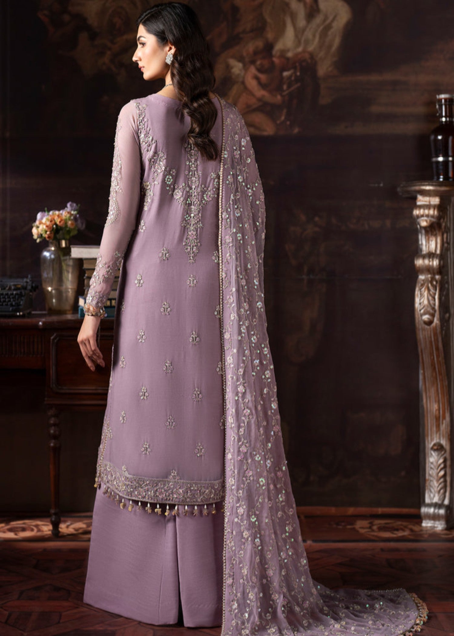 net Kurta Set in Lilac